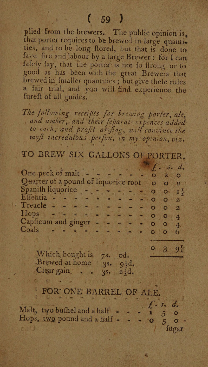 OS agg plied’ from the brewers. The public opinion is, that porter requires to be. brewed in large quantie ties, and to be long ftored, but that is done: to fave fire and labour by a large Brewer: for can fately fay, that the porter is not fo flrong or fo good as has been with the great Brewers that brewed in {maller quantities ; but give thele rules a fair trial, and you will find experience the fureft of all guides. . The following receipts for brewing porter, ale, _and amber, and their feparate expences added: to each, and profit arifing, will convince the moft incredulous perfon, in My Opinion, viz. TO BREW SIX GALLONS OF RT. POne.peck of malt &lt;2 ee eg Ovxarter of a pound of liquorice root &gt; 0 Cie. Spanifh liquorice - - + --- + 9 o 45 BOA ais hae ae Cae aS.O KOs o Treacle - - 0-0-0 0- - ee sp oO 2 Hops = i a ee = oe ae - 0 oe 4 ; Capficum and ginger - -- - - » 9 0 4, Goals.) se) ae ai Pe iw me ak te EEO aga td Which, bought is 78. od. Gulati meas _ sBrewed at home ~ 335.0 Old, Pe re jpClgar gain’ a 6) gse aida ei eA FOR’ ONE BARREL OF ALE, Malt, tyobuthelandahalf - - - 4 5 © _ Hops, twg poundandahalf- - O 5 a . » _