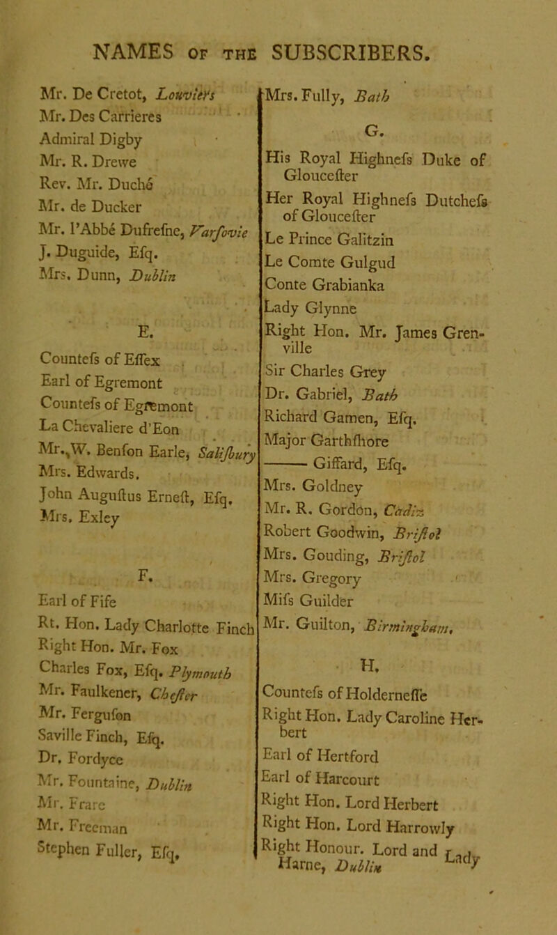 Mr. De Cretot, Louvieys Mr. Des Carrieres Admiral Digby Mr. R. Drewe Rev. Mr. Duche Mr. de Ducker Mr. 1’Abbe Dufrefne, Farfovie J. Duguide, Efq. Mrs. Dunn, Dublin E. Countefs of Eflex Earl of Egremont Countefs of Egremont La Chevaliere d’Eon Mi .,W. Benfon Earle, Salijbury Mi's. Edwards. John Auguftus Erneft, Efq. Mrs, Exley i F. Earl of Fife Mrs. Fully, Bath G. His Royal Highnefs Duke of Gloucefter Her Royal Highnefs Dutchefs of Gloucefter Le Prince Galitzin Le Comte Gulgud Conte Grabianka Lady Glynne Right Hon. Mr. Tames Gren- ville Sir Charles Grey Dr. Gabriel, Bath Richard Gamen, Efq. Major Garthfhore Giffard, Efq. Mrs. Goldney Mr. R. Gordon, CaShs Robert Goodwin, Brifiol Mrs. Gouding, Brijlol Mrs. Gregory Mifs Guilder Rt. Hon. Lady Charlotte Finch Right Hon. Mr. Fox Charles Fox, Efq. Plymouth Mr. Faulkener, Chejlcr Mr. Fergufon Saville Finch, Efq. Dr, Fordyce Mr. Fountaine, Dublin Mr. Frare Mr. Freeman Stephen Fuller, Efq, Mr. Guilton, Birmingham, FI. Countefs of Holdernefle Right Hon. Lady Caroline Her- bert Earl of Hertford Earl of Harcourt Right Flon. Lord Herbert Right Flon. Lord Harrowly Right Honour. Lord and r , . Harne, Dublin •