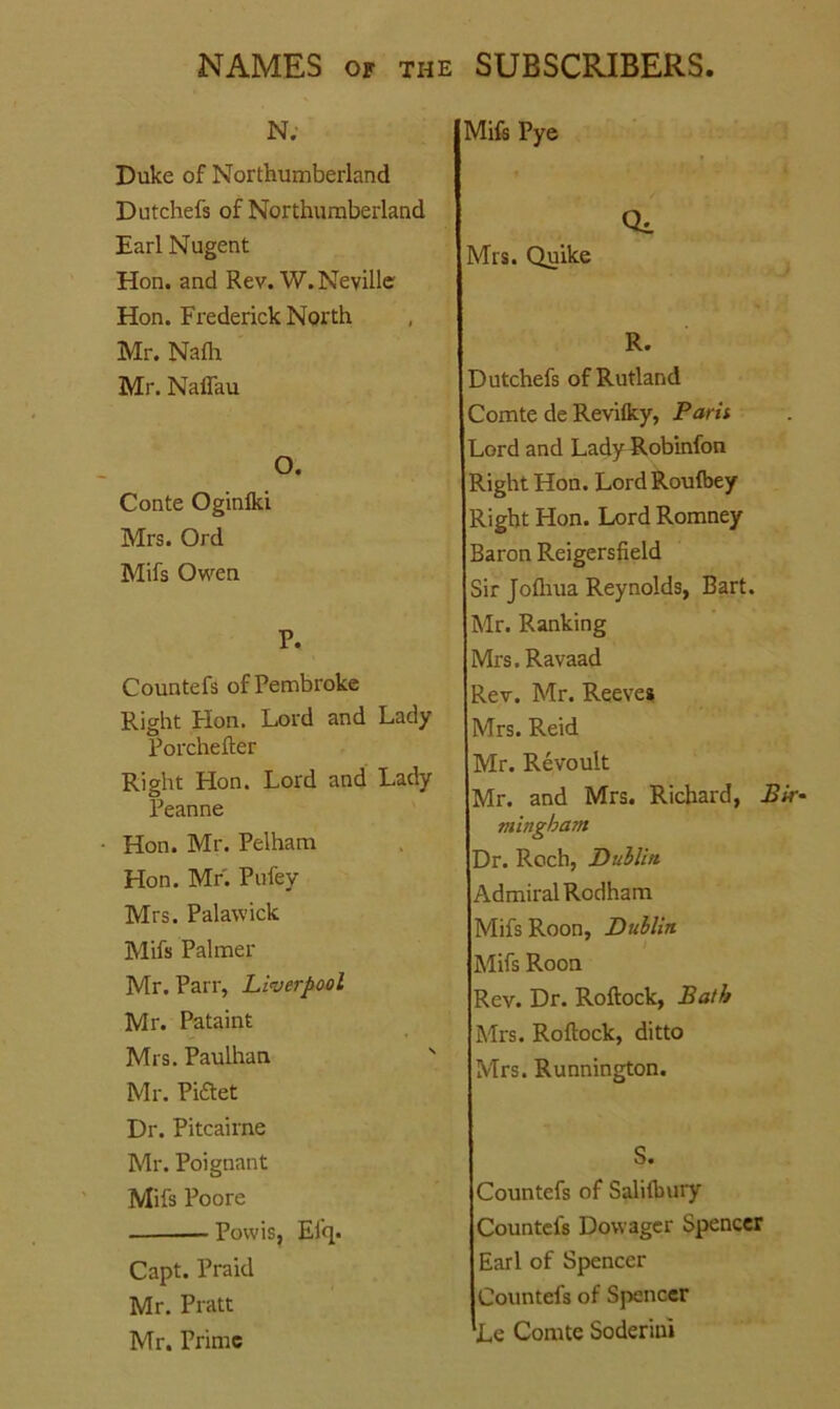 N. Duke of Northumberland Dutchefs of Northumberland Earl Nugent Hon. and Rev. W. Neville Hon. Frederick North Mr. Nafli Mr. NalTau O. Conte Oginflri Mrs. Ord Mifs Owen P. Countefs of Pembroke Right Hon. Lord and Lady Porchefter Right Hon. Lord and Lady Peanne Hon. Mr. Pelham Hon. Mr. Pufey Mrs. Palawick Mifs Palmer Mr. Parr, Liverpool Mr. Pataint Mrs. Paulhan Mr. Pi£tet Dr. Pitcairne Mr. Poignant Mifs Poore Povvis, Efq. Capt. Praid Mr. Pratt Mr. Prime Mifs Pye Qi Mrs. Quike R. Dutchefs of Rutland Comte de Reviiky, Paris Lord and Lady Robinfon Right Hon. Lord Roufbey Right Hon. Lord Romney Baron Reigersfield Sir Jofliua Reynolds, Bart. Mr. Ranking Mrs. Ravaad Rev. Mr. Reeve* Mrs. Reid Mr. Revoult Mr. and Mrs. Richard, Bir* mingham Dr. Roch, Dublin Admiral Rodham Mifs Roon, Dublin Mifs Roon Rev. Dr. Roftock, Bath Mrs. Roftock, ditto Mrs. Runnington. S. Countefs of Salilbury Countefs Dowager Spencer Earl of Spencer Countefs of Spencer Le Comte Soderini