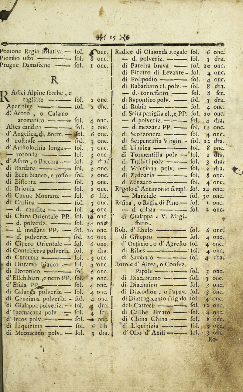 —iugsa^. .■■■■■ ffgs , • Pozione Regia Illativa— Ibi. J^nc. Piombo urto — fol. 8 onc. Prugne Damafccne — fol. i onc. R Adici Alpine fecche , e tagliate —■ fol. 2 onc. Aperitive fol. 2 dnc. ■d^ Acoro , o Calamo aromatico ——— fol. 4, onc. Altea candita fol. 3 onc. d'’Angeiica<.di. Boem.—jjfol. 6 onc. d. noftrak fol. 3 onc. d-’Ariftolochia longa?— fol. 3 onc. • rotonda fol. 3 onc. ^ d’ Afaro , o Baccarà fol. 3 dra.’ di Bardana r— fol. 2 onc. di Been bianco, e rolTo- fol. 2 onc. di BiRorta fol. 3 onc. di Brionia fol. 2 onc. di Canna Montana fol. 6 lib. di Carlina —— fol. 3 onc. i — d. candita —- ■ - fof 4 onc. di China Orientale PR. fol. 14 onc d. polveriz. — fol. 24 onc^ . — d. inoffata PP. fol. 10 onc. — di polveriz. ? fol. 20 onc. di Cipero Orientale fol. 6 onc. di Contrajerva polveriz. fol. 3 dra. di Curcuma fol. ., 3 onc. p di Dittamo ^‘anco fol. 4 ’onc. di Doronico ^ fol. 6 onc. d’Elleb.bian.,e nero PP. fol. ' 6 onc. d’ Efula PPpf fol. 4 onc. di Galan^a polveriz. — fol. 4 onc. di Genziana polveriz. - fol. 4 onc. dì Gialappa polveriz. — fol. dra. d’Ipecuacana polv fol. 4 fcr. d’ireos polv.- fol. onc. dì Liquirizia fol. 6 lib di Mecoacano polv. »— fol. 3 dra. Radice di Ofmonda .negale fol. 6 onc. — d. polveriz. — fol. 3 dra, di Pareira brava — fol. io onc. .di Piretro di Levante- fol. 4 onc. di Polipodio -— fol. 4 onc, di Rabarbaro el. polv. — fol. 8 dra. — d.-torrefatto fol. 8 fcr. di Rapontico polv. fol. 3 dra. di Rubia fol. 4 onc, di Salfa pariglia el.,e PP. fol. 20 onc. — d. polveriz. —— fol. 4 dra. — d. mezzana PP. * fol. 12 onc. di Scorzonera --—-—. fol. 4 onc. di Serpentaria Virgin. - fol. 12 dra. di Timilea —— fol. 8 onc. di Tormentilla polv — *fol. i ^fa, di Turbiti polv. fol. 3 dra*- di Valeriana polv. fol. 2 dra. di Zedoaria —~•—— fol. 8 onc. di Zenzaro- fol. 4 'onc. Regolo d’Antimonio fempl. fol. 24 onc. — Marziale —— Ibi. 30 onc. Refina , 0 Ragia di Pino — fol. I onc. — d. colora fol. 2 onc. di Gialappa - V. Magi- * fiero. Rob. d’ Ebulo — ^— fol. 6 onc.- di Ginepro fol. 4 onc. d’ Onfacio , 0 d’ Agrefto fol. • 4 onc. di Ribes— ———- fol. 4 onc. di Sambuco ————. fol. /I dra. Botole d' Altea, 0 Confez. p.ipaie ^ fol. 5 onc. di. Diacartamo — fol. 3 onc. di Diacimino ^— fol. 3 onc. di Diacodion , 0 Papav. fol. •3 onc. di Diatragacanto frigido fol.’ 4 onc. deh Cattecù ——— fol. 12 onc. di Calibe limato fól. 4 onc. di China China ■ Ibi. 8 bn^;