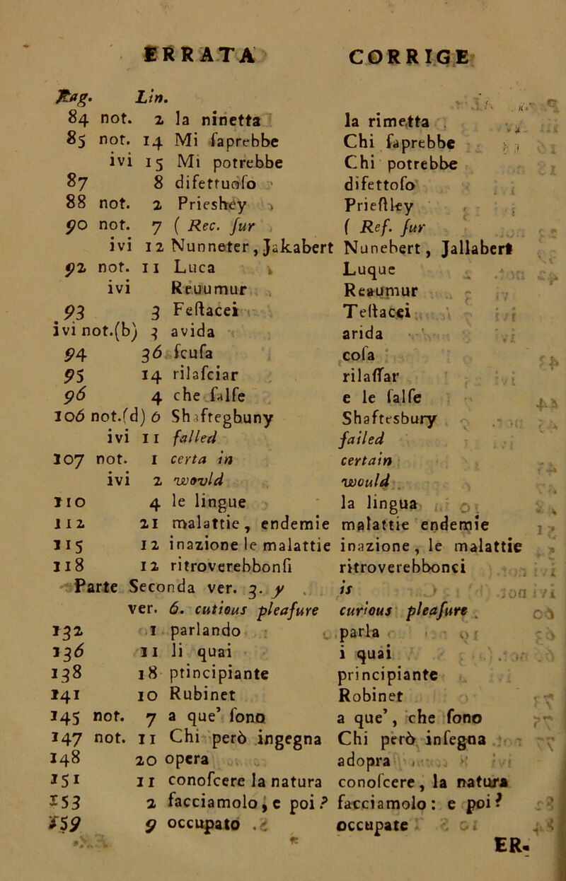 **&• Lin. v • ^ (.. t »? b4 not. 2 la ninetta la rimetta «5 not. 14 Mi Saprebbe Chi faprebbe > , 87 ivi 15 Mi potrebbe Chi potrebbe 8 difetruolo difettoso 88 not. 2 Prieshey > Priefìley t . j 90 not. 7 ( Ree. Jur f Ref. jur r 9» ivi 12 Nunneter, Jakabert Nunebert, Jallabert 5?2 not. 11 Luca » Luque ivi Reuumur Reaumur \\ C IV 93 3 Feftacei Teltacei »\ 7 < ! f ivi not.(b) 3 avida arida « 8 vi 9 4 36 feufa cola 95 14 rilafciar rilavar ; ; ivi f r 96 4 che Life e le (alfe 4* ^ r * loónot.fdjó Sh'.fregbuny Shaftrsbury « .ion ivi II falled fati ed 107 not. 1 certa in certain ivi 2 vuovld would no 4 le lingue la lingua f 01 c . »• \ 112 21 malattie, endemie malattie endemie 1 ? *15 12 inazione le malattie inazione , le malattie 118 12 ritroverebbonfi ritroverebbonci ; vi Parte Seconda ver. q. y is c 1 'd ion ivi ver. 6. cutious pleafure curious pleafure oò 132* I parlando parla ' qi ? ^ 23<* li li quai i quai , on rS \ ' 138 18 ptincipiante principiante t k X , l 141 io Rubinet Robinet f? 245 not. 7 a que’ fono a que’, che fono ?? 147 not. 11 Chi però ingegna Chi però in fegna ■*» ^ V \ 148 20 opera adopra . i K ivi 25i il conofeere la natura conofeere, la natura 153 2 facciamolo, c poi? facciamolo : e poi ? *5? 9 occupato .£ occupate 2 01 ** r. ER«