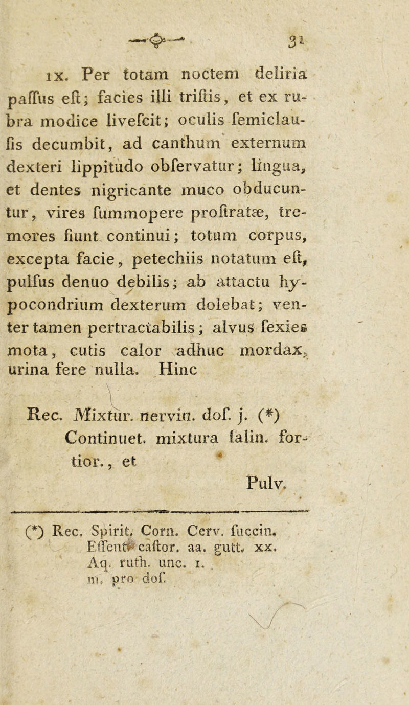 ix. Per totam noctem deliria pafTus elt; facies illi triftis, et ex ru- bra modice livefcit; oculis femiclau- fis decumbit, ad canthum externum dexteri lippitudo obfervatur; lingua, et dentes nigricante muco obducun- tur, vires fummopere proftratae, tre- mores fiunt continui; totum corpus, excepta facie, petechiis notatum elt, pulfus denuo debilis; ab attactu hy~ pocondrium dexterum dolebat; ven- ter tamen per tractabilis; alvus fexies mota, cutis calor adhuc mordax, urina fere nulla. Hinc Rec. Mixtiir. nervio, dof. j. (*) Continuet, mixtura lalin. for- tior. , et Pulv, r % >'/».< N • U - I - n • ■- »’ ■ 9Tu ■■m ■ »-!.■■■»» i ■■ -im ■' — ■ 1 1111 ,r (*) Rec. Spirit, Corn. Cerv, fucem* Edenti- caitor. aa. gutt* xx. Aq. ruth. unc. i. m. pro dof