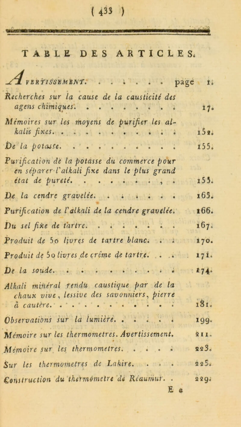— TABLE DES ARTICLES* vbrïïüsëmenT. ...... page î. Recherches sur la cause de la causticité des agens chimiques. 17. Mémoires sur les moyens de purifier les al- kal'vs fixes i5*. î)e la potasse. . ........ i55. Purification de la potasse du commerce pour en séparer C alkali fxe dans le plus grand état de pureté , i53. De la cendre gravelée. . ; * . . . i65. Purification de V alkali de la cendre gravelée. 166. Du sel fixe de tartre. ....... 167. Produit de 5o livres de tartre blanc. . . 170. Produit de 5o livres de crime de tartre. . . 171. De la soude ...*«• 174. Alkali minéral rendu caustique par de la chaux vive , lessive des savonniers, pierre à cautère. . ' • « 181. Observations sur la lumière. ..... 19g. Mémoire sur les thermomètres. Avertissement. Su. « M émoire sur les thermomètres. .... 223. Sur les thermomètres de Lahire. . . . 2 25.- Construction du thermomètre de Rcaumur. . 22g* E e