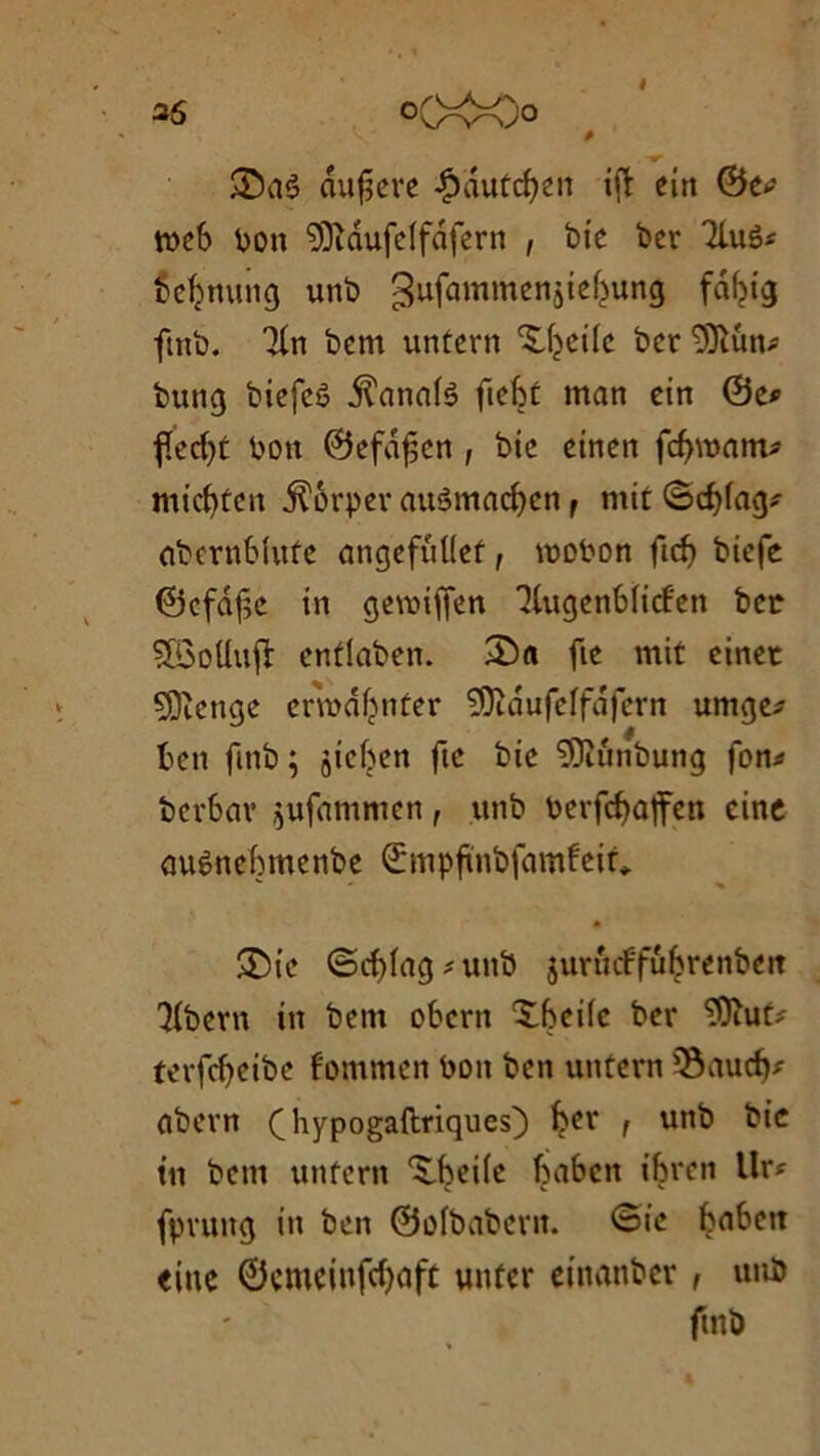 96 # dufjere ^dutcfyen ift eitt ©e*-* web bon SOîdufelfdfern , btc ber Tluét beftnung unb 3ufammcnàic^un3 f^*9 ftnb. Tin bern untern ^et(c ber 'DJtun* bung biefeô $anatè ftebt mon ein ©e* ffeef)t boit ©efdficn , bie cinen fd>wam* midjten $èrper auêmacben t mit ©cf)fag*- abernbfufe angefuüet, wobon ftcf) biefe ©cfdfje in gewifien Tlugenbiicfen bec SBoUuft enflaben. 2)tt fie mit cinec 9Dîenge erwdfjnter ^Jîdufeffdfern umge* ben fmb ; jieben fie bie SDîtinbung fom» berbav ^ufnmmen, unb berfcbûffen cinc auênebmenbe ©mpfiinbfamfeit* • $Die ©rf)fûg*unb jurucffu^renbeit 'Mbern in bent obcrit îbeilc ber ^Oîut* terfcijeibe fontmen bon ben untern 93audj* abevn (hypogaftriques) fyer f unb bic tu bent untern Xbeifc baben ibren llr* fpruitg in ben ©ofbabern. <5ie bnbett <iue 0cmciitfcf)aft uuter eiitanber , unb fmb