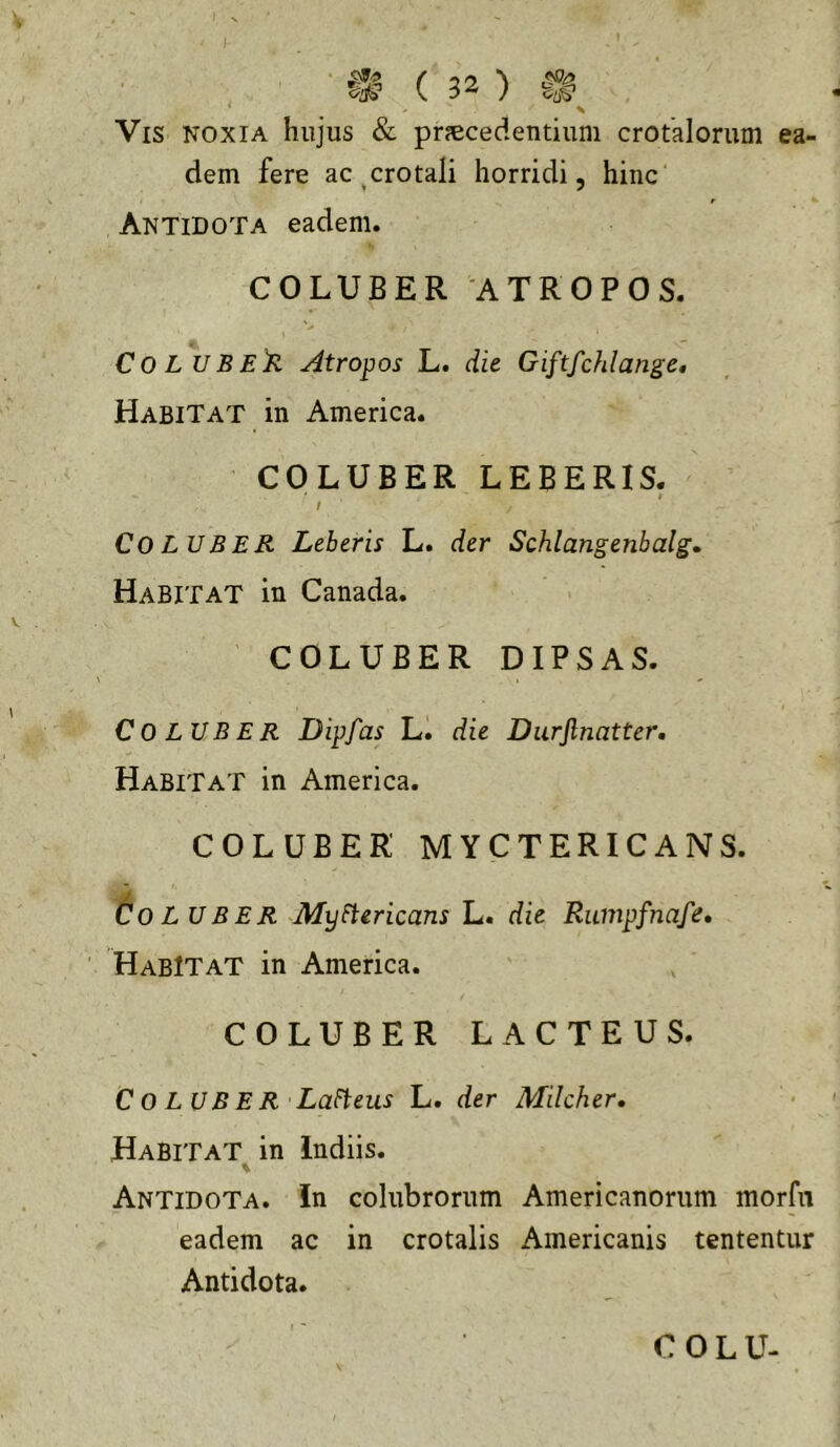 \ Vis noxia hujus & praecedentium crotalorum ea- dem fere ac ^crotali horridi, hinc Antidota eadem. COLUBER ATROPOS. C0 L TJBe'R Atropos L. die Giftfchlange, Habitat in America. COLUBER LEBERIS. I Coluber Leheris L. der Schlangenbalg. Habitat in Canada. COLUBER DIPSAS. Coluber Dipfas L. die Durflnatter, Habitat in America. COLUBER MYCTERICANS. Coluber MyStericans L. die Riimpfnafe. Habitat in America. COLUBER LACTEUS. C O L UB E R Lageus L. der Milcher. Habitat in Indiis. Antidota, in colubrorum Americanorum inorfii eadem ac in crotalis Americanis tententur Antidota. COLU-