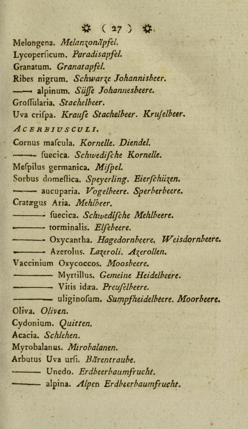 ( 17 ) Melongena. Mdnn\onapfd, Lycoperficum. Paradisapfd. Granatam. Granatapfd. Ribes nigrum. Schwar\e Johannishcer. alpinum. Siijfe Jokannesheere. GrofTularia. Stachelheer. Uva crifpa. Kraufc Stachdheer. Krujdhctr, Ac E RBIU S CU LI. Cornus mafcula. Korndlt. Ditndd. — fuecica. Schivedifche KorndU. Mefpilus germanica, Mi/pel. Sorbus domeftjca. Speyerling. Eierfchii'{en, *—■' — aucuparia. Vogdheere. Spcrhcrbure. Cratsgus Aria. Mehlheer. fuecica. Schxvedifche. Mehlheere. * torminalis. Elfeheere. Oxycantha. Hagedornheere. TVdsdornhure, • Azeroliis. La\eroli. A^erolkn. Vaccinium Oxycoccos. Moosheere. Myrtillus. Gemdnt Hdddhurt. Vitis idara. Preufelheere. — uliginofum. Sumpfhdddbeere. Moorbcere, Oliva. Olivcn. Cydonium. Quitten. Acacia. Schlehen. Myrobalanus. Mtrobalanm. Arbutus Uva urfi. Bartntrauht, Unedo. Erdburbaumfrucht. — alpina. Alpen Erdburbaumfrucht»