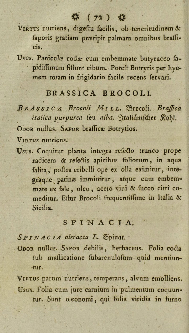 O ( ^ Virtus nutriens, digeflu facilis, ob teneritudinem & faporis gratiam prsripit palmam omnibus brafli- cis. Usus. Paniculas codas cum embemmate butyraceo fa- pidillimum fifiunt cibum. Potefl Botrytis per hye- mem totam in frigidario facile recens fervari. BRASSICA BROCOLI. Brassica Brocoli Mill. ^rocoft. BraJJica Italica purpurea feu alha. 3tflltdnifcf)cr Odor nullus. Sapor braflics Botrytios. Virtus nutriens. Usus. Coquitur planta integra refedo trunco prope radicem & refedis apicibus foliorum, in aqua falita, poflea cribelli ope ex olla eximitur, inte- graque patinae immittitur, atque cum embem- mate ex fale, oleo, aceto vini & fucco citri co- meditur. Ellur Brocoli frequentiflime in Italia & Sicilia. S P I N A C I A. Spi N AC IA oleracea L. ©pfnaf. Odor nullus. Sapor debilis, herbaceus. Folia coda fub maflicatione fubarenulofum quid mentiun- I ■tur. Virtus parum nutriens, temperans, alvum emolliens. Usus. Folia cum jure carnium in pulmentum coquun- tur. Sunt ceeonomi, qui folia viridia in furno