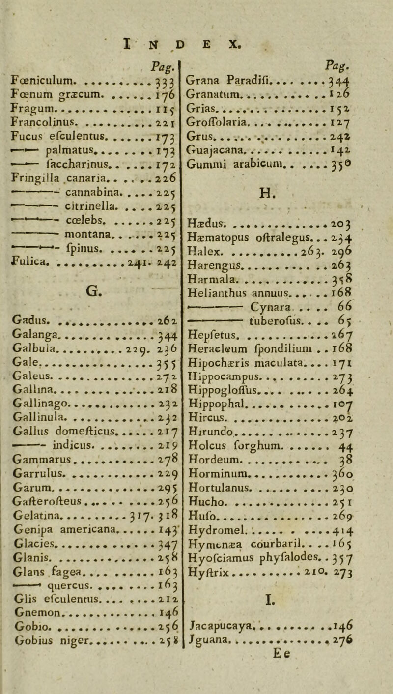 FcEniculum Foenum grxcum. Fragum Francolinus. ...... Fucus efculentus. ,. •—•— palmatus, .,, •—■— faccharinus.. Fringilla .canaria.. — ■ - - cannabina. ■ citrinella. ■— coelebs. .. — montana.. ■——*—•- fpinus. . . Fulica. Pag. ....333 .... 176 IIS . . , . 0.21 ....173 17? . . .♦ 172 . , .226 ....225 , . .. 225 ....225 ....225 , , . . 225 241. 242 G. Gadus. .. Galanga GalbuTa .229. 236 Gale Galeus. ......... Gallina Gallinago. Gallinula Gallus domefticus. indicus. . .. Gammarus Garrulus. . Garum Gafterofteus Gelatina .317. 318 Genipa americana. M3‘ Glacies . Glanis Glans fagea ^63 *-' quercus. . .. 103 Glis efculentus... Gnemon Gobio. Gobius niger.... Pag. Grana Paradifi 344 Granatum .... ..I26 Grias 152 GrolTolaria, ... ... ,....127 Grus ^. 242 Guajacana 142 Gummi arabicum 350 H. Hidus .....203 HcEmatopus oftralegus,. . 234 Halex. 263. 296 Harengus .263 Harmala .3'?S Helianthus annuus, .....168 — Cynara .... 66 '  — tuberofus.. .. 65 Hepfetus 167 Heracleum fpondilium , . 168 Hipochsris maculata.... 171 Hippocampus ....,273 Hippoglolius 26+ Hippophal ......lOj Hircus 2° 2 Hirundo. 237 Holcus forghum 44 Hordeum 38 Horminum. 360 Hortulanus 230 Hucho 251 Hulb 269 Hydromel. 414 Hymcn^a courbaril.. ,. 1 65 Hyofciamus phyfalodes., 3 5 7 Hyftrix .2X0. 273 I. Jacapucaya. , . 146 Jguana 276 Ee