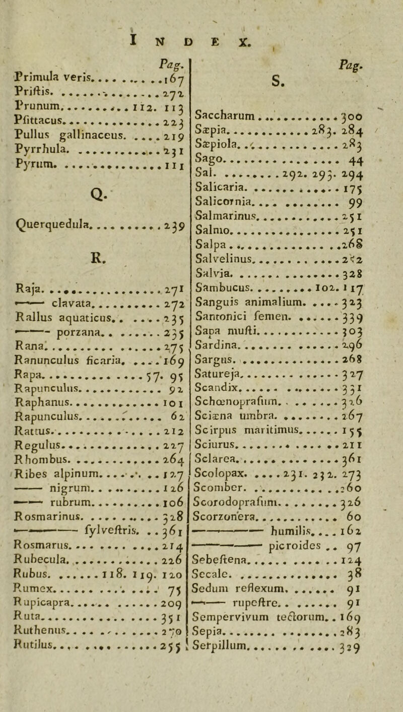 1 N D Primula veris i6y Priftis 2.^2, Prunum 112. 113 Pfittacus, j Pullus gallinaceus. ....219 Pyrrhula Pynim Q. X. 271 clavata 272 Rallus aquaticus.. ....235 porzana 235 Ranal 275 Ranunculus ficaria, ,...‘169 57* Rapunculus. 92 Raphanus 101 Rapunculus T 62 Rattus. 212 Regulus 227 Rhombus. 264 Ribes alpinum.... ..127 nigrum.. 126 - - ■ rubrum 106 Rosmarinus 328 ■ ■ fylve/lris. ..361 Rosmarus ,.214 Rubecula 226 Rubus 118. I19. 120 Rumex •...,. 75 Rupicapra 209 Ruta 3JI Ruthenus 2*;o s. Pag. Saccharum 30O Sipia. 283. 284 Sffipiola. .9 283 Sago 44 Sal 292. 293. 294 Salicaria ».,...175 Salicornia 99 Sal marinus 251 Salmo 251 Salpa . ,268 Salvelinus ....2<2 Salvia 328 Sambucus 102.117 Sanguis animalium. ....323 Santonici femen 339 Sapa mufti J03 Sardina 296 Sargus 268 Satureja 327 Scandix, *35^ Schcenoprafum 326 Sciina umbra 267 Scirpus maritimus 15^ Sciurus .... ..211 Sclarea 361 Scolopax 231. 2J2. 273 Scomber. ............260 Scorodoprafum.. .. .... 326 Scorzonera 60 — humilis,... 162 picroides,. 97 Sebeftena .. 124 Secale. 38 Seduni reflexum. 91 '— rupeftre 91 Sempervivum te6lorum,. 169 Sepia. 283 Rutilus 255! Serpillum 329