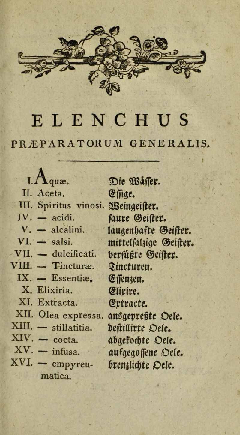 ELENCHUS PRjEPARATORUM generalis. II. Aceta. III. Spiritus vinosi. IV. — acidi. V. — alcalini. VI. — salsi. VII. — dulcificati. VIII. — Tincturae. IX. — Essentiae* X. Elixiria. XI. Extracta. XII. Olea expressa. XIII. — stillatitia. XIV. — cocta. XV. —. infusa. XVI. — empyreu- matica. 5fiSa(fer. ^eingetfler. faurc ©ctjier. lau^en^aftc ©eifler. mittelfaljtgc @ci(leir. Dertuftc ©cijier. ^mcturett» ^iTensem ©lipire. (5^tracte. anHcpu^tc Ock. t>eftil(trte Oelc. al&gefoc^te Ode. aui(3eao|Tene Oele. Oele.