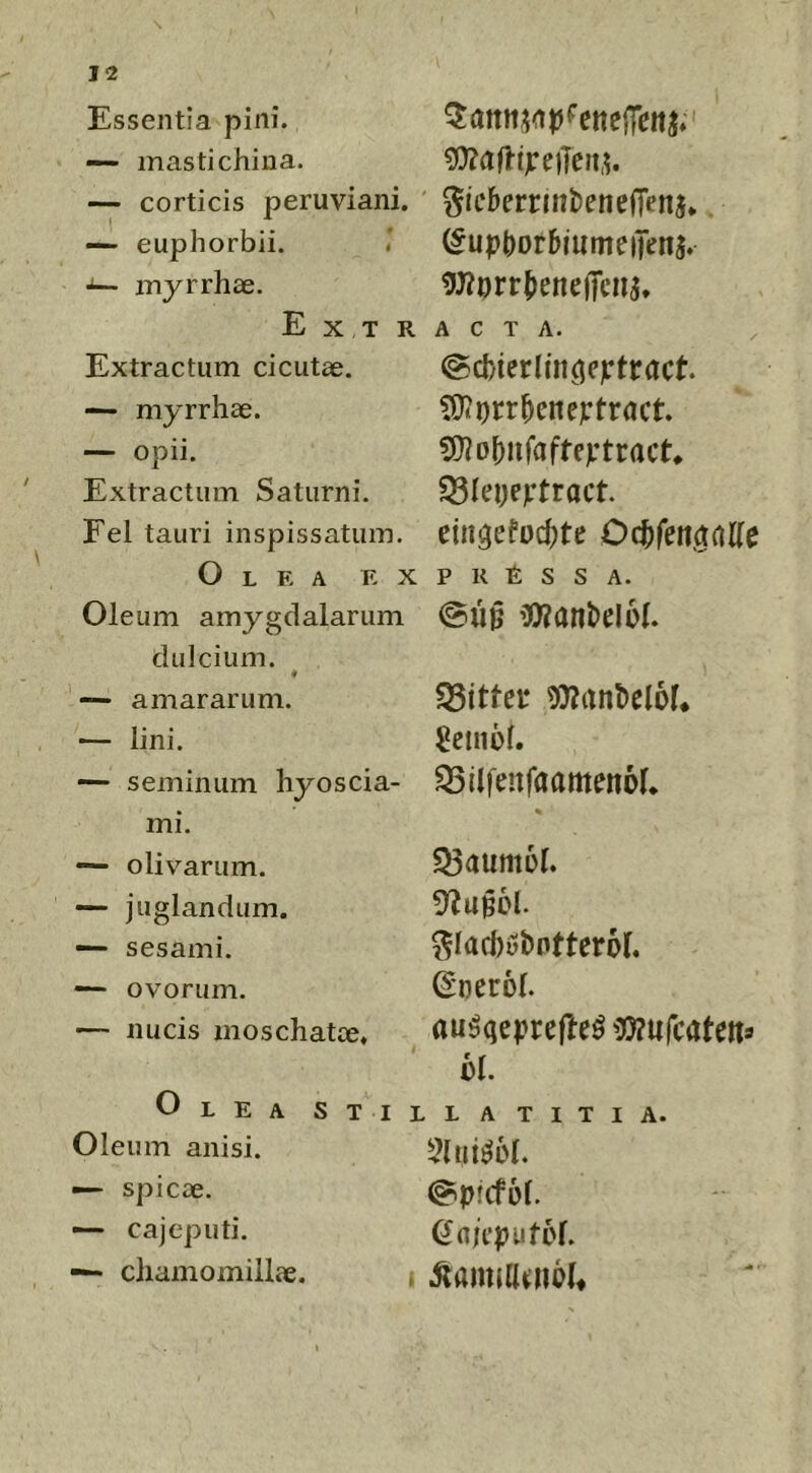 Essentia pini. — mastichina. ^JZdftijireiTcilih — corticis peruviani.' ^icberrmbenelTenj* — euphorbii. (5upt)orbiiime)Kns. mjrrhse. 9J?on:b^ne(]rens. Extracta. Extractum cicutae. — myrrhae. — opii. Extractum Saturni. Eel tauri inspissatum. Olea ex Oleum amygdalarum dulcium. 9 — amararum. — lini. •— seminum hyoscia- mi. — olivarum. — juglandum. sesami. — ovorum. — nucis moschatoe* Olea s t i Oleum anisi. — spicae. — cajeputi. — chamomillae. @d)ierlin^e)ftract. fO?orrbenei:tract. SOlobnfaftevtract* SSIei)evtract tin^do^U Oc^fenaaKe P K R s s A. @ii§ iWant»ei6h S5ittei* 9}?ant)el6f* ^ilfenfaamenoh Q3aum6h 5^u§6l. ^lacbubntteroh (^nerol. au^qeprefle^ iOFUfcatetta bl LLATITIA. @picf6f. (Jnicpiifof.