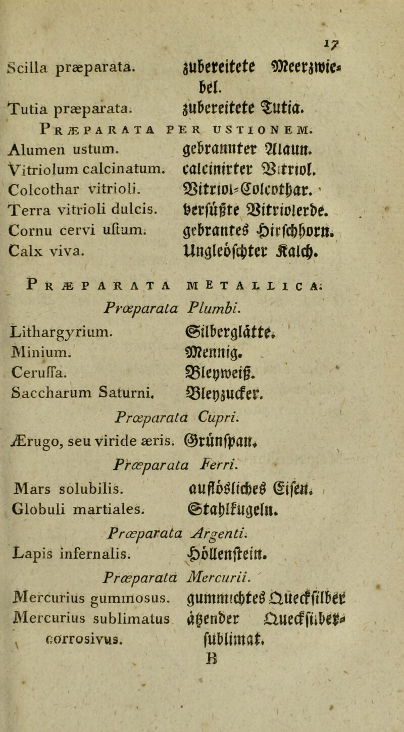 Scilla praeparata. Tutia praepai'ata. PRaSPARATA P Alumen ustum. Vitriolum calcinatum. Colcothar vitrioli. Terra vitrioli dulcis. Cornu cervi uftum. Calx viva. ^7 aubereitcte Ul gu&ereitete ER USTIONEM. ge&ranntcr 5(iamt. calcintrter ^«triol, 5SitnDi'(Jolcot^jar. ’ tjcrfugte 23tti’iolert)e. gcbrante^ ^irfc^^orn. Ungleofttjter Pr^PARATA METALXICA; Praeparata Plumbi. Lithargyrium. Minium. 50?cnnig. CerulTa, 95lC9Wet§. Saccharum Saturni. Q3lepjucfer. Praeparata Cupri. iErugo, seu viride aeris. ©runfpdH* Praeparata Ferri. Mars solubilis. i Globuli martiales. @tat)Ifugclll* Praeparata Argenti. Lapis infernalis. Praeparata Mercurii. Mercurius gummosus. 0,UC(f Mercurius sublimatus a$enl>er O.Uecfful>C^«» ^ corrosivus. flibUmat B