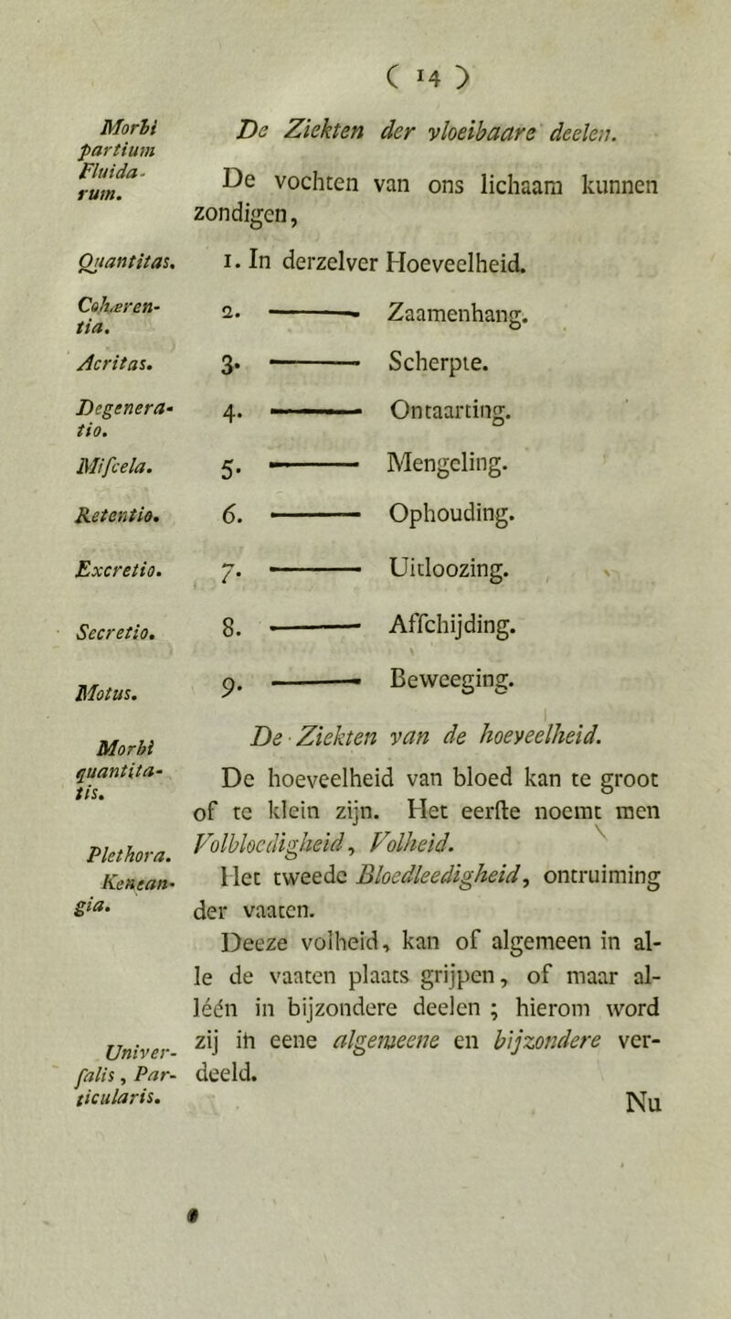 Morti partium Fluida- rum. De Ziekten der vloeibaare deeleu. De vochten van ons lichaam kunnen zondigen, Quantitat. I. In derzelver Hoeveelheid. Coheren- tia. a. —- Zaamenhang Acritas. 3- Scherpte. Degenera- 4. —— Ontaarting. tio. Mifcela. 5- Mengeling. Retentio. 6. Ophouding. Excretio. /• —— Uitloozing. Secretio. 8. Affchijding. Motus. 9- —— Beweeging. Morbi quantita- tis. Plethora. Kenean- gia. Univer- falis, Par- ticularis. De Ziekten van de hoeveelheid. De hoeveelheid van bloed kan te groot of te klein zijn. Het eerfte noemt men ZolblocdigheidVolheid. Het tweede Bloedleedigheid, ontruiming der vaaten. Deeze volheid, kan of algemeen in al- le de vaaten plaats grijpen, of maar al- léén in bijzondere deelen ; hierom word zij ih eene algemeene en bijzondere ver- deeld. Nu