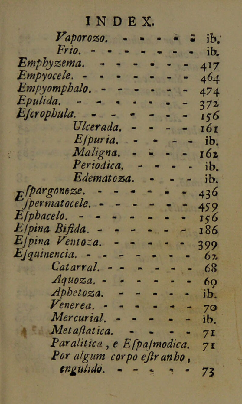 Vaporozo. - - - - - Frio. ------- Etnphyzema. ------ Empyocele. ------- Empyomphalo. ------ Epulida. — — - - - - _ Efcrophula. Ulcerada. - - - - Efpuria, - - Maligna. - - - - Periódica. - - - . Edematcza. - - - pfpârgoneze. ------ Jpermatocde. ------ Efphacelo. ------- Et pina Bífida. ------ Ejpina Venioza. - - - - - Ejquinencia. ------- Catarral. ------ Aquoza. ApheiGza. - - - - - Venerea. - - - - - - Mercurial. - - - - - 4 r Metaflatica. - - - - Paralítica , Efpajmodica. Por algum corpo ejiranho, enguli do. - - - - - ib: ib. 4T7 464 474 37~ 15Ó 161 ib. i6* ib. ib. 436 45? 15:6 186 39? Ói 68 69 ib. 70 ib. 71 7i 73