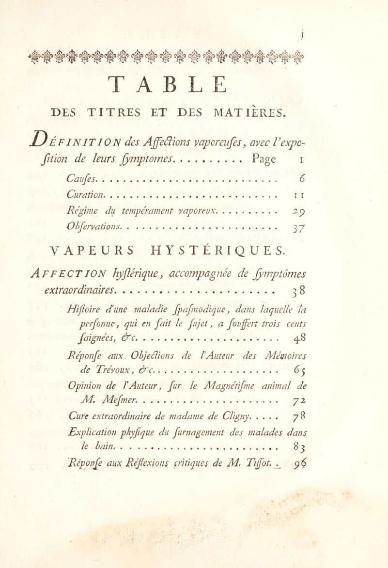 TABLE DES TITRES ET DES MATIÈPÆS. DÉFINITIOIS des Affeâions vavcreufesy avec Vexpo- fnion de leurs fymptomes Page i Caiifes, . . . » , 6 Curation, î î Régime du tempérament vaporeux Ohfervations 37 VAPEURS HYSTÉRIQUES. Affect ion hyftérïque y accoinpjâgnée de fymp tomes extraordinaires 38 Hîjloire dune maladie fpafmodtque, dans laquelle la perfonne, qui en fait le f 11 jet, a foiiffert trois cents faignéeSf &c, 48 Réponfe aux Ohjeétions de IAuteur des Mémoires de Trévoux, &c 6<ÿ Opinion de IAuteur, fur le Magnétifme animal de Mi* Me f mer, 72 Cure extraordinaire de madame de Cligny 78 Explication phyfique du furnagement des malades dans le bain, . 83 Réponfe aux. Réflexions critiques de M* Tiffot, p ^