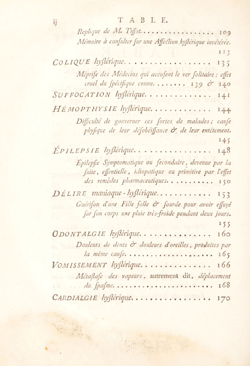 Ij T A B L E* Répliqué de M. TijJot. 105 Mémoire a eonfulter fur une Affeâion hyflérique invétérée. 113 Colique hyflérique. . • * . 135 Méprije des Médecins qui accufent le ver folitaire ; effet cruel du fpécifique connu 13^ cL 140 SuFFOCATION hyflérique lyi HÉMOPTFIYSIE hyflérique 1 y Difficulté de gouverner ces fortes de malades ; caufe phyfqiie de leur defobéiffance de leur entêtement» 145 Épilepsie hyflérique» 148 Épileqfie Symptomatique ou fecondaire, devenue par la fuite, effenîielle , idiopatique ou primitive par h effet des remèdes pharmaceutiques 130 DÉLIRE maniaque - hyflérique, 153 Guérifon d’une Fille folle & fourde pour - avoir effuyé fur fon corps une pluie très froide pendant deux jours» 155 0 DO NT ALGIE hyflérique 160 Douleurs de dents & douleurs d’oreilles, produites par la même cauje i 6 Vomissement hyflérique., . . . i66 Métaflafe des vapeurs, autrement dit, déplacement du fpafme ^ . • . , i^8 CardialGIE hyflérique * 170