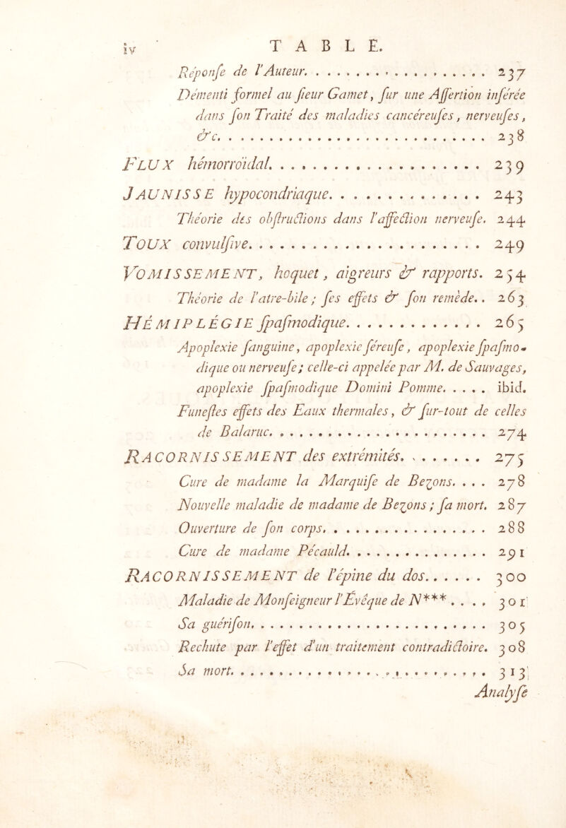 Répoîife de ïAuteur. 237 Démenti formel au fieiir Carnet ^ fur une Ajjertion inférée dans fon Traité des maladies cancéreujes, nerveufes, &c. 238 F'lUX hémorrdidaL 239 Jaunisse hypocondriaque 243 Théorie des ohfriiâions dans l'affèâion nerveufe. 244 Toux convidfive. 249 Yo MI S SE AIE NT, hoquet, aigreurs èx rapports. 254 Théorie de Fatre-hile ; fes effets & fon remède.. ^6'^ Hémiplégie fpafmodique . 265 Apoplexie fanguine, apoplexie féreufe, apoplexie fpafmo^ dique ou nerveufe; celle-ci appelée par Ad. de Sauvages, apoplexie fpafmodique Domini Pomme ibid. Funefles effets des Eaux thermales, & fur-tout de celles de Balaruc. 274 RACOR NIS se me NT des extrémités. 275 Cure de madame la Adarquife de Bedons. ... 278 Nouvelle maladie de madame de Béions ; fa mort. 287 Ouverture de fon corps 288 Cure de madame Pécauld. 291 RACORN IS SEMENT de Éépine du dos 300 Adaladie de Adonfeigneur F Évêque de TV*** .... 301' Sa guérifon 305 Rechute par F effet dFiin traitement contradiâoire. 308 A U- mort• .1*•.»»..9. 3131 Analyfê