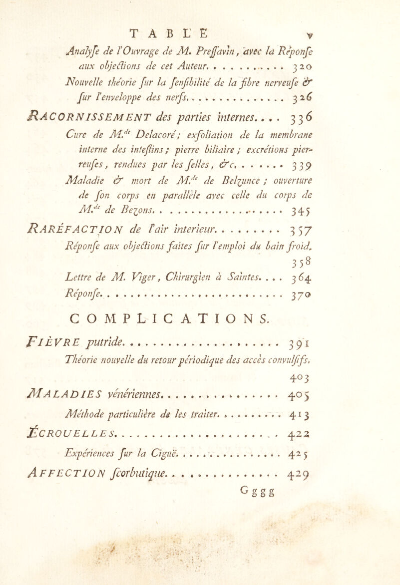 TABLE y AnaJyfe de T Ouvrage de M. Prejfavln, avec la Reponfe aux ohjeâions de cet Auteur 320 Nouvelle théorie fur la fenfihilïté de la fhre nerveufe ëf fur ï enveloppe des nerfs 32^ RacornISSEMENT des parties internes.» . . 336 Cure de Delacoré; exfoliation de la membrane interne des inteflins ; pierre biliaire ; excrétions pier^ reufes, rendues par les felles, &c. 339 Maladie & mort de Md^ de Bel'iunce ; ouverture de fon corps en parallèle avec celle du corps de Md de Be'ions 345 Rare F AC T10 N de tair intérieur 357 Réponfe aux objeélions faites fur T emploi du bain froid, 358 Lettre Je M, Viger, Chirurgien à Saintes. ... j <5.^ Re'ponfe. 37a COMPLICATIONS. Fièvre putride. Théorie nouvelle du retour périodique des accès convulfifs, 403 fliALADlES vénériennes » 405 Méthode particulière de les traiter. 413 ÉCRO té Ei Lé J—é Ll s ••«>••«••••*•««• » . . • ^ 0 4^ ‘'Lt 2. Expériences fur la Ciguë, 42Î AfFECTWN fcorbutiqiie.. . 429 Gggg