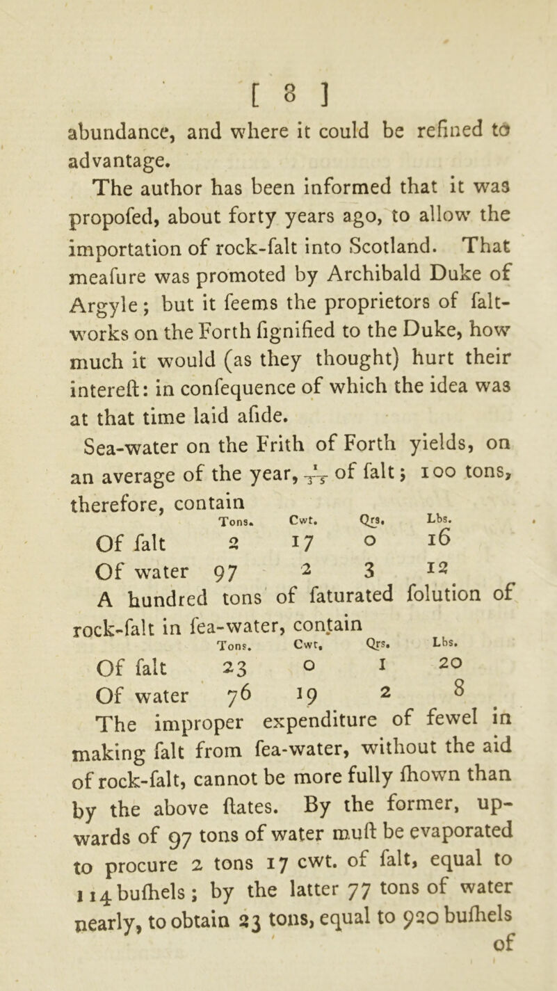 abundance, and where it could be refined to advantage. The author has been informed that it was propofed, about forty years ago, to allow* the importation of rock-falt into Scotland. That meafure was promoted by Archibald Duke of Argyle; but it feems the proprietors of falt- works on the Forth fignified to the Duke, how much it would (as they thought) hurt their intereft: in confequence of which the idea was at that time laid afide. Sea-water on the Frith of Forth yields, on an average of the year, ^ of fait $ 100 tons, therefore, contain Tons. Cwt. Qrs. Lbs. Of fait 2 17 0 16 Of water 97 2 3 12 A hundred tons of faturated folution of rock-falt in fea-vvater, contain Tons. Cwt, Qrs, Lbs. Of fait 23 o 1 20 Of water J9 2 ^ The improper expenditure of fewel in making fait from fea-water, without the aid of rock-falt, cannot be more fully fhown than by the above ftates. By the former, up- wards of 97 tons of water muft be evaporated to procure 2 tons 17 cwt. of fait, equal to 114 bufhels ; by the latter 77 tons of water nearly, to obtain 23 tons, equal to 920 bufhels