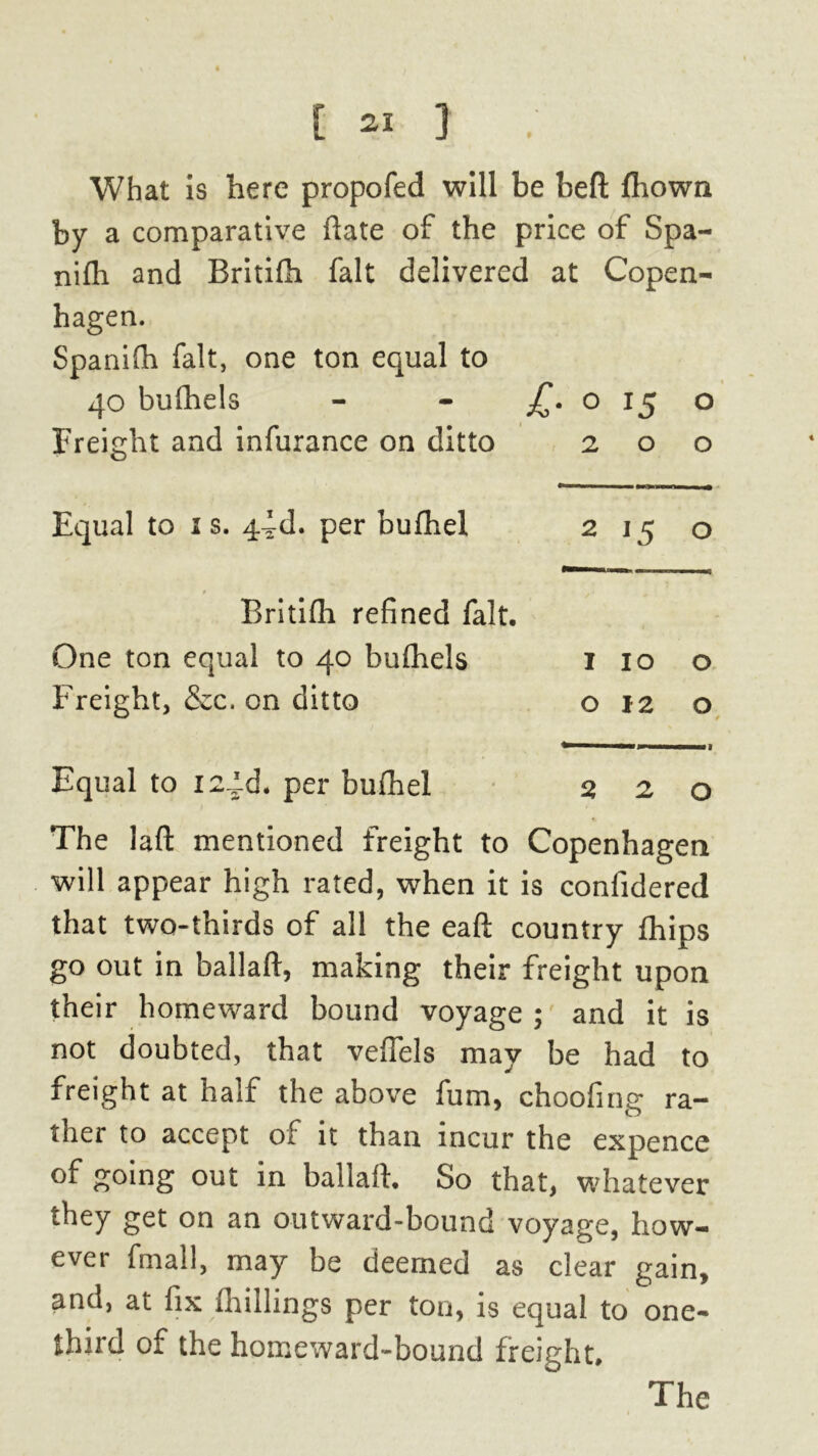 What is here propofed will be befl: fhown by a comparative ftate of the price of Spa- nifh and Britifh fait delivered at Copen- hagen. Spanifh fait, one ton equal to 40 bufhels - - £. o 15 o Freight and infurance on ditto 200 Equal to 1 s. 4^d. per bufhel 2 15 o Britifh refined fait. One ton equal to 40 bufhels Freight, &c. on ditto 1 10 o 012 o Equal to is^d. per bufhel 2 2 o The laft mentioned freight to Copenhagen will appear high rated, when it is confidered that two-thirds of all the eaft country Ihips go out in ballaft, making their freight upon their homeward bound voyage ; and it is not doubted, that vefiels may be had to freight at half the above fum, choofing ra- ther to accept of it than incur the expence of going out in ballafl. So that, whatever they get on an outward-bound voyage, how- ever fmall, may be deemed as clear gain, and, at fix drillings per ton, is equal to one- third of the homeward-bound freight.