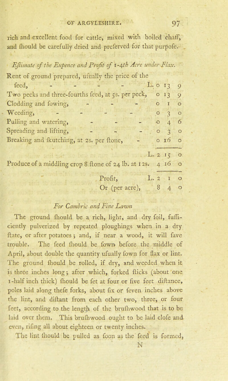 rich and excellent food for cattle, mixed with boiled chaff, and fhould be carefully dried and preferred for that purpofe. . EJlimate of the Expence and Profit of l /\th Acre wider E/ax. Rent of .ground prepared, uiually the price of the feed, - - - - L. o 13 Two pecks and three-fourths feed, at 5s. per peck, o 13 Clodding and fowing, _ _ - Weeding, - - - _ - Pulling and watering. Spreading and lifting. Breaking and fkutching, at 2s. per flone. o I .0 3 o 4 o 3 o 16 L. 2 15 Produce of a middling crop 8 ftone of 24 lb. at 12s. 416 o o Profit, L. 2 I o Or (per acre), 840 Eor Cambric and Fine Laoxin The ground fhould be a rich, light, and dry foil, fuffi- ciently pulverized by repeated ploughings when in a dry ftate, or after potatoes j and, if near a wood, it will fave trouble. The feed fliould be fown- before the middle of April, about double the quantity ufually fown for flax or lint. The ground fhould be rolled, if dry, and weeded when it is three inches long-, after which, forked flicks (about'one 1 -half inch thick) fhould be fet at four or five feet diftance, poles laid along thefe forks, about fix or feven inches above the lint, and diftant from each other two, three, or four feet, according to the length of the brufliwood that is to be laid over them. This brufhwood ought to be laid clofe and even, rifing all about eighteen or twenty inches. The lint fliould be pulled as foon as the feed is formed, N