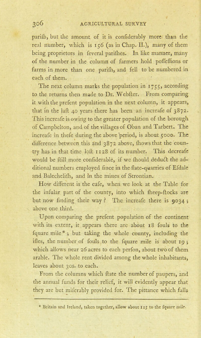 parilb, but the amount of it is confiderably more than the real number, which is 156 (as in Chap. II.), many of them being proprietors in feveral pariflies. In like manner, many of the number in the column of farmers hold poflelhons or farms in more than one parifli, and fell to be numbered in each of them. The next column marks the population in 1755, according to the returns then made to Dr. Webfter. From comparing it with the prefent population in the next column, it appears, that in the laft 40 years there has been an increafe of 3872. This increafe is owing to the greater population of the borough of Campbelton, and of the villages of Oban and Tarbert. The increafe in thefe during the above‘period, is about 5000. The dilference between this and 3872 above, fhowsthat the coun- try has in that time loft 1128 of its number. This decreafe would be ftill more confiderable, if we Ihould dedudl the ad- ditional numbers employed fince in the flate-quarries of Efdalc and Balechelifh, and in the mines of Strontian. How different is the cafe, when we look at the Table for the infular part of the county, into which fheep-ftocks arc but now finding their way ? The increafe there is 9034 ; ' above one third. Upon comparing the prefent population of the continent with its extent, it appears there are about 18 fouls to the fquare mile * j but taking the whole county, including the ifles, the number of fouls , to the fquare mile is about 19; which allows near 26 acres to each perfon, about two of them arable. The whole rent divided among the whole inhabitants, leaves about 30s. to each. From the columns which ftate the number of paupers, and the annual funds for their relief, it will evidently appear that they are but miferably provided for. The pittance which falls * Britain and Ireland, taken together, allow about 115 to the fquare mile.