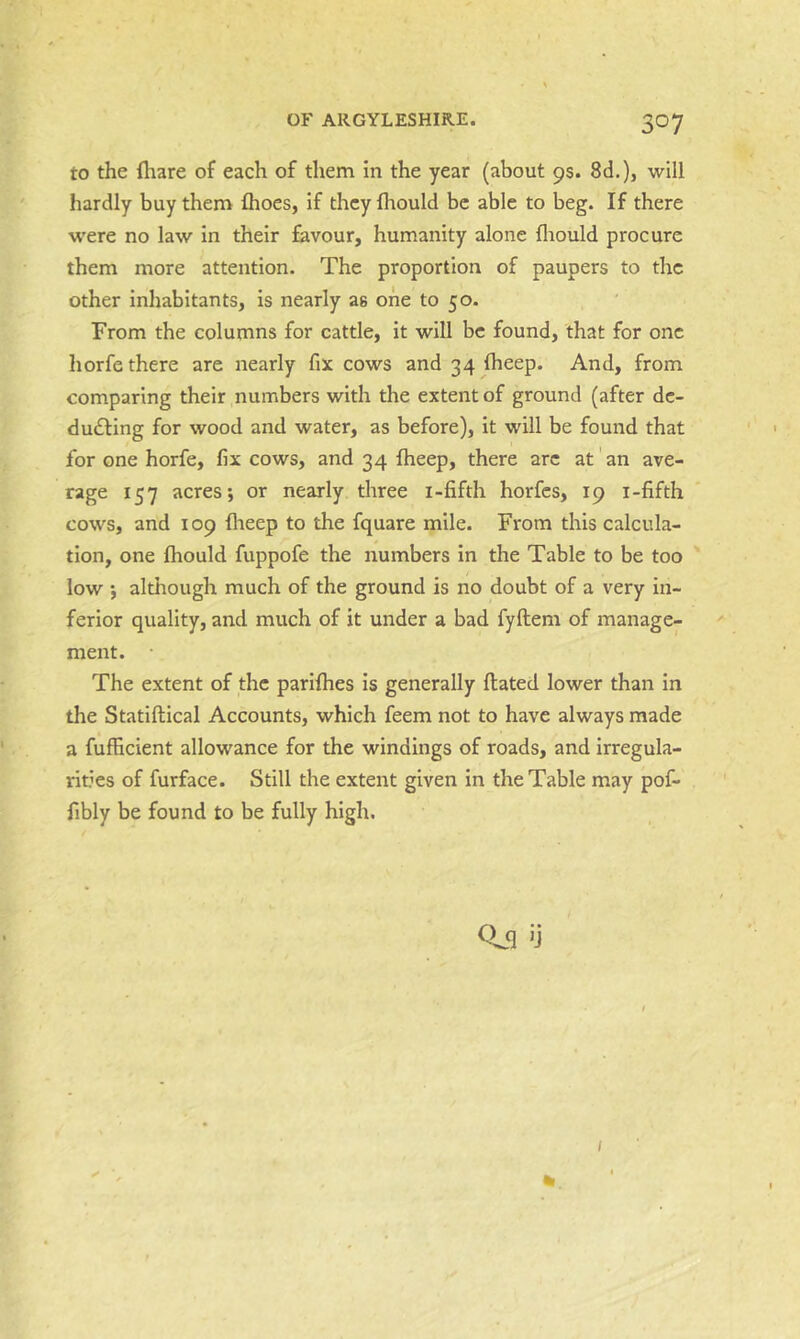 to the fliare of each of them in the year (about 9s. 8d.), will hardly buy them fhoes, if they flrould be able to beg. If there were no law in their favour, humanity alone fliould procure them more attention. The proportion of paupers to the other inhabitants, is nearly as one to 50. From the columns for cattle, it will be found, that for one horfe there are nearly fix cows and 34 (beep. And, from comparing their numbers with the extent of ground (after de- ducting for wood and water, as before), it will be found that for one horfe, fix cows, and 34 fheep, there arc at' an ave- rage 157 acres*, or nearly three i-fifth horfes, 19 i-fifth cows, and 109 flieep to the fquare mile. From this calcula- tion, one fhould fuppofe the numbers in the Table to be too low j although much of the ground is no doubt of a very in- ferior quality, and much of it under a bad fyftem of manage- ment. The extent of the pariihes Is generally Hated lower than in the Statiftical Accounts, which feem not to have always made a fufficient allowance for the windings of roads, and irregula- rities of furface. Still the extent given In the Table may pof- fibly be found to be fully high. Qjl U /