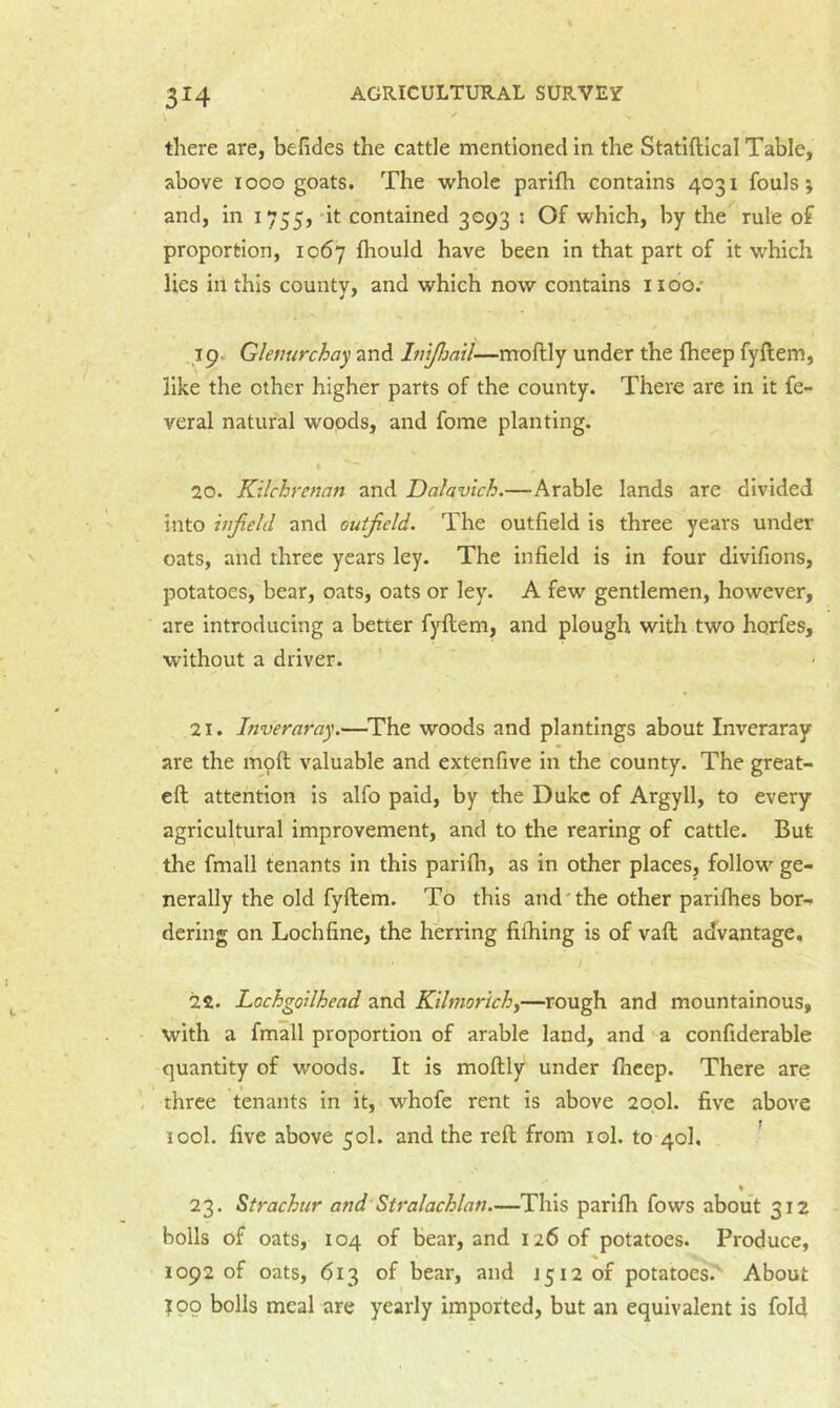 3^4 there are, befides the cattle mentioned in the Statiftical Table, above looo goats. The whole parifh contains 4031 fouls; and, in 1755, dt contained 3093 : Of which, by the rule of proportion, 1067 fliould have been in that part of it which lies ill this countv, and which now contains iioo.* .19. Glemirchay and ImJljail—moftly under the ftieep fyftem, like the other higher parts of the county. There are in it fe- veral natural woods, and fome planting. « 20. Kilchremn and Dalavich.—Arable lands are divided ✓ into vifiehl and outfield. The outfield is three years under oats, and three years ley. The infield is in four divifions, potatoes, bear, oats, oats or ley. A few gentlemen, however, are introducing a better fyftem, and plough with two horfes, without a driver. 21. Inveraray.—^The woods and plantings about Inveraray are the mpft valuable and extenfive in the county. The great- eft attention is alfo paid, by the Duke of Argyll, to every agricultural improvement, and to the rearing of cattle. But the fmall tenants in this parifli, as in other places, follow ge- nerally the old fyftem. To this and' the other parifhes bor- dering on Lochfine, the herring fifhing is of vaft advantage, 22. Lochgoilhead and Kilmorich^—rough and mountainous, with a fmall proportion of arable land, and • a confiderable quantity of woods. It is moftly under ftieep. There are three tenants in it,>whofe rent is above 2opl. five above lool. five above 50I. and the reft from lol. to 40I, ' ¥ 23. Strachur and'Stralachlan.—This parlfh fows about 312 bolls of oats, 104 of bear, and 126 of potatoes. Produce, 1092 of oats, 613 of bear, and 1512 of potatoes. About 100 bolls meal are yearly imported, but an equivalent is fold