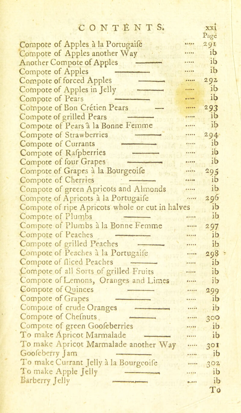 Compote of Apples à la Portugaife Compote of Apples another Way Another Compote of Apples — Compote of Apples Compote of forced Apples — Compote of Apples in Jelly Compote of Pears Compote of Bon Crétien Pears — Compote of grilled Pears — Compote of Pears a la Bonne Femme Compote of Strawberries Compote of Currants — Compote of Rafpberries Compote of four Grapes —-—■» Compote of Grapes à la Bourgeoife Compote of Cherries * Compote of green Apricots and Almonds Compote of Apricots à la Portugaife Compote of ripe Apricots whole or cut in halves Compote of Plumbs Compote of Plumbs à la Bonne Femme Compote of Peaches —— Compote of grilled Peaches Compote of Peaches à la Portugaife Compote of fliced Peaches Compote of all Sorts of grilled Fruits Compote of Lemons, Oranges and Limes Compote of Quinces Compote of Grapes Compote of crude Oranges — —. Compote of Chefnuts Compote of green Goofeberries To make Apricot Marmalade To make Apricot Marmalade another Way Goofeberry Jam To make Currant Jelly à la Bourgeoife To make Apple Jelly , Barberry Jelly ——, Page 291 lb ib ib 292 ib ib 293 ib ib 294 ib ib ib 295 ib ib 296 ib ib 297 ib ib 298 - ib ib ib 299 ib ib 3°° ib ib 3ot ib 3°2 ib ib