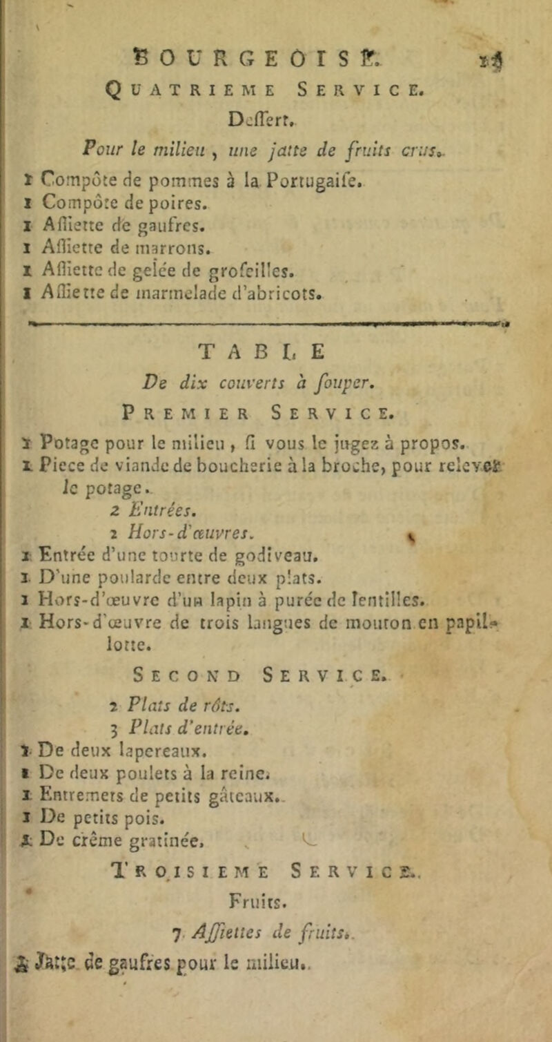 \ 15 0 U R G E Ô r s r. t:S QUATRIEME Service. DùfTerr, Pour le milieu , une jatte de fruits crus». ï Compote de pommes à la Portugaife. i Compote de poires. Z Afliette de gaufres. I Afliette de marrons. I Afliette de gelée de grofcilies. 1 Afliette de marmelade d’abricots. TABLE De dix couverts à fouper. Premier Service. f ï Potage pour le nûlieu , fi vous le jngez à propos. X Picce de viande de boucherie à la broehC) pour relevet le potage.. 2 Entrées. 2 Hors-d'eeuvres. ^ 2; Entrée d’une tourte de godiveau. 1 D'une poularde entre deux plats. 1 Hors-d’œuvre d’un lapin à purée de lentilles. 1 Hors-d’œuvre de trois langues de mouron en paplU lotte. Second Service,* 2 Plats de rôts. 3 Plats d'entrée. i î De deux lapereaux. ! I De deux poulets à la reine. I. Entremets de petits gâteaux.. I De petits pois. JL De crème gratinée. ^ 1’ R O, IS i E M E Service.. Fruits. 7- Ajjieties de fruitSè. ^ de gaufres pour le uiilieui.