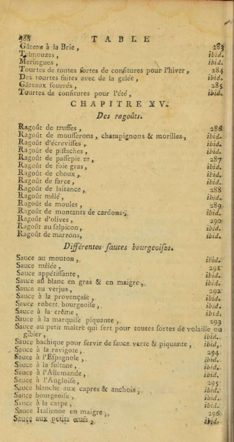 TABLE '9^ <j.5teaiâ à la Brie , I (mcLizes , ibid. Meringues , ibid. Tourtes de toutes fortes de cor^fitures pour l’iiiver^ 284 , Des tourtes feites avec de la gcle’e , ibid^ | Gâteaux fourres , 285. Iourtes de confitures pour L*e'te', ibid*. CHAPITREXV; Des ragoûts. Ragoût de trufFes , agS Ragoût de moulFeronschampignons & morilles, ibid.- Ragoût d’e'crevilfes , ibid. Ragoût de piftaches , ibid. Ragoût de palfepie. r: , 287 Ragoût de foie gras, ibid. Ragoût de choux , ibid, Ra goût de farce, ibid. | Ragoût de laitance,. 288 Ragoût mêle', ih/d.. Ragoût de moules , 2,8^ Ragoût de montants de cardons-; ibid. Ragoût d’olives, Ragoût aufalpicon , ibid. Ragoût de marrons, ibid.. Dÿ'érent&S' fauces bourgeoifss. Sauce au mouton ,, ibid^ Sauce mêle'e , 29i‘ Sauce appetilfante, • ibid. Sauce afi blanc en gras & en maigre, ibid. Sauce au verjus , Sauce à la provençale , ' ibid. Sauce robert bourgeoife,, ibtd. Sauce à la crème, ibid. Sauce à la marquife piquante , Sauce au petit maîtrfc qui lert pour toutes fortes de volaille ou 1 c ^ U ’e- bsuce bachique pour fervir defauce verte ôf piquante , ibid,. ^ Sauce à la ravigote, 204.. ' Sauce à l’Efpagnolc , ibiZ. Sauce à la fultane, ibid,. Sauce a l’Allemande, ' ibid. Sauce à l’Angloife, 295 Spucc blanche aux câpres & anchois , ibid,- Sauce bourgeoile , ' ibid. S.uice à la carpe , ibid. Sauce Italienne en maigre j,  296 Suuçï aux petits ücuis fl