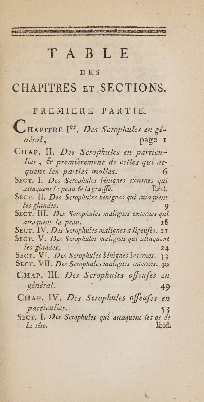 PREMIERE PARTIE. (RÉTTARNE IT, Des Scrophules en gé- néral, page 1 CHap. Il. Des Scrophules en particu- lier, &amp; premièrement de celles qui at- quent les parties molles. SECT. I. Des Scrophules bénignes externes qui attaquent | 1 peau 6 la grail]e. Ibid, SECT. Il. Des Scrophules bénignes qui attaquent les glandes. SECT. IL. Des Scrophules malignes externes qui attaquent la peau. 18 SECT. IV. Des Scrcphules malignes adipeufes. 1x SECT. V. Des Scrophules malignes qui attaquent les glandes. 24 SECT. VI. Des Scrophules bénignes internes. 33 Sect. VII. Des Scrophules malignes internes. 40 CHap. IL Des Serophules offeufes en général. 49 Cap. IV. Des Scrophules offeufes en particulier. Secr. L. Des Scrophules qui attaquent les os de la LÊLE Ibid;