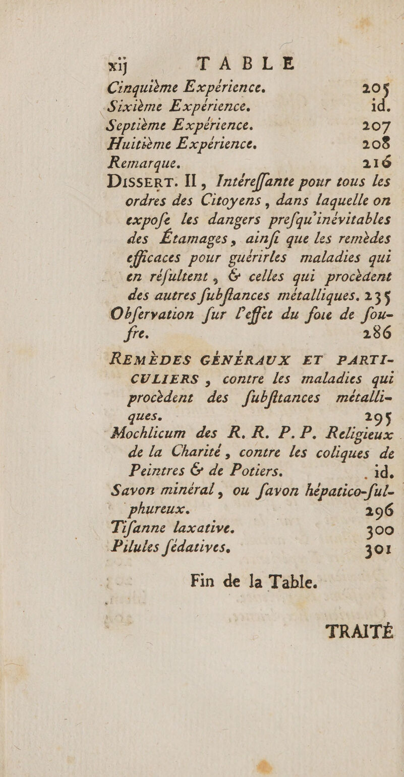 xi] TABLE Cinquième Expérience. 20 5 Sixième Expérience. id. Septième Expérience. 207 Huitième Experience. 208 Remarque. 216 DissErT. Il, /ntéreffante pour tous Les ordres des Citoyens, dans laquelle on expofe les dangers prefqu'inévitables des Étamages, ainfi que les remèdes efficaces pour guérirles maladies qui en réfultent ; 6 celles qui procèdent des autres fubflances métalliques. 235 Obfervation [ur l'effet du foie de fou- fre. 286 REMÈDES GÉNÉRAUX ET PARTI- CULIERS , contre les maladies qui procèdent des fubfitances métalli- ques. 295 Mochlicum des R.R. P.P., Religieux . de la Charité, contre Les coliques de Peintres 6 de Potiers. . id. Savon minéral, ou favon hépatico-[ul- phureux. 296 Tifanne laxative. 300 Pilules fédarives, 301 Fin de Ja Table. TRAITÉ