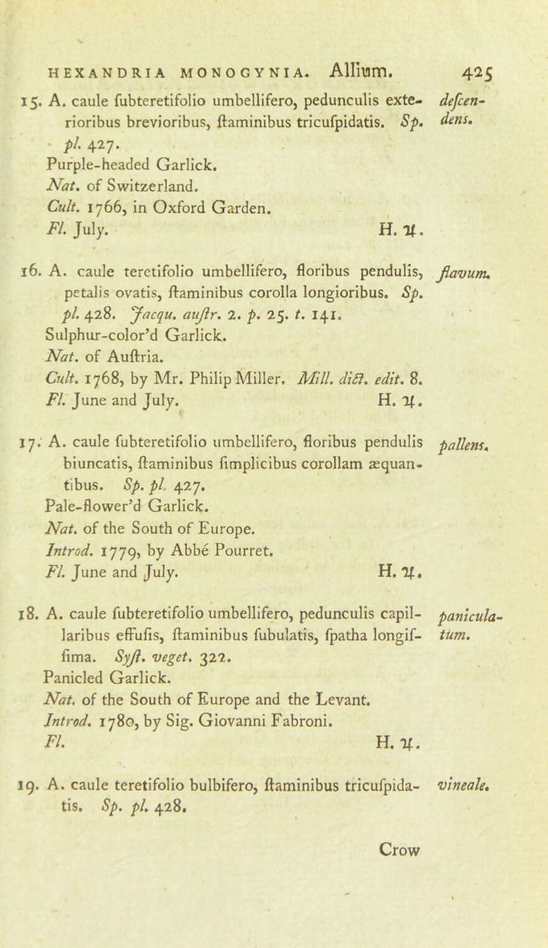 15. A. caule fubteretifolio umbellifero, pedunculis exte- defcen- rioribus brevioribus, ftaminibus tricufpidatis. Sp, dens, ' pi. 427. Purple-headed Garlick. Nat. of Switzerland. Cult. 1766, in Oxford Garden. /y. July. H.TI. 16. A. caule terctifolio umbellifero, floribus pendulis, Jlavunu petalis ovatis, ftaminibus corolla longioribus. Sp. pi. 428. Jacqu. aujir. 2. p. 25. t. 141. • ‘ Sulphur-color’d Garlick. Nat. of Auftria. Cult. 1768, by Mr. Philip Miller, Mill. diSl. edit. 8. FI. June and July. H. if. 17. A. caule fubteretifolio umbellifero, floribus pendulis pallens, biuncatis, ftaminibus fimplicibus corollam zequan- tibus. Sp. pi. 427, Pale-flower’d Garlick. Nat. of the South of Europe. Introd. 1779, by Abbe Pourret. FI. June and July. H. If. j8. A. caule fubteretifolio umbellifero, pedunculis capil- panlcula- laribus elFufis, ftaminibus fubulatis, fpatha longif- turn. fima. Syji. veget, 322. Panicled Garlick. Nat. of the South of Europe and the Levant. Introd. 1780, by Sig. Giovanni Fabroni. FI. H. If. 19. A. caule teretifolio bulbifero, ftaminibus tricufpida- vlneale, tis, Sp. pi. 428. Crow