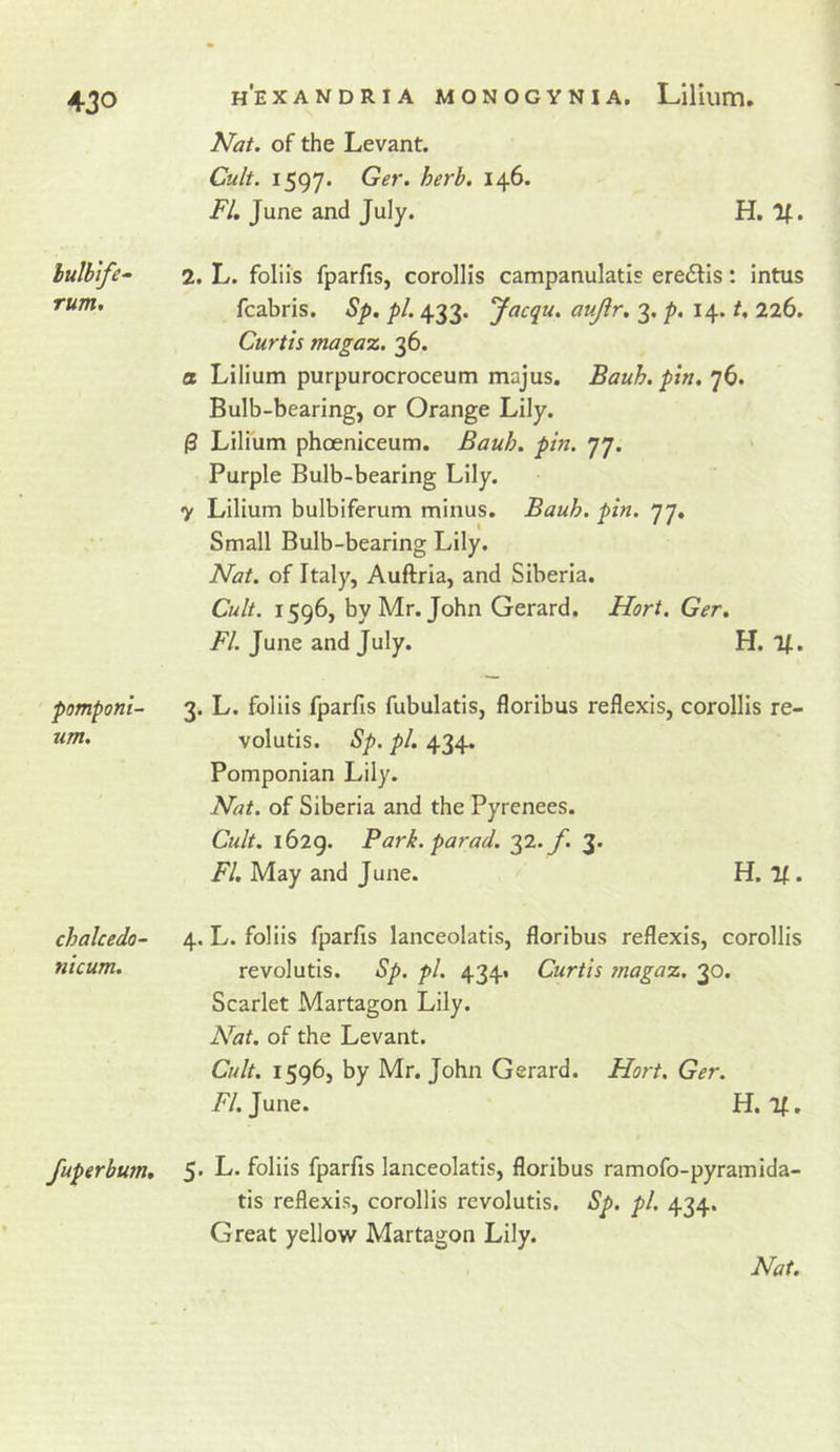Nat. of the Levant. Cult. 1597. Ger. herb. 146. FI, June and July. H. If. lulb'ife- rum. pompom- um. 2. L. foliis fparfis, corollis campanulatis eredlls: intus fcabris. Sp, pi. 433. yacqu. aujir, 3. p. 14. t, 226. Curtis magaz. 36. a Lilium purpurocroceum majus. Bauh. pin, 76. Bulb-bearing, or Orange Lily. 0 Lilium phoeniceum. Bauh. pin. 77. Purple Bulb-bearing Lily, y Lilium bulbiferum minus. Bauh. pin. 77, Small Bulb-bearing Lily. Nat. of Italy, Auftria, and Siberia. Cult. 1596, by Mr. John Gerard. Hort. Ger, FI. June and July. H. If. 3. L. foliis fparfis fubulatis, floribus reflexis, corollis re- volutis. Sp. pi. 434. Pomponian Lily. Nat. of Siberia and the Pyrenees. Cult. 1629. Bark, par ad. y.. f. 3. FI. May and June. H. If. 4. L. foliis fparfis lanceolatis, floribus reflexis, corollis revolutis. Sp. pi. 434. Curtis magaz. 30. Scarlet Martagon Lily. Nat. of the Levant. Cult. 1596, by Mr. John Gerard. Hort. Ger. /Y. June. H. If, Juperbum, 5* foliis fparfis lanceolatis, floribus ramofo-pyrainida- tis reflexis, corollis revolutis. Sp. pi, 434. Great yellow Martagon Lily. chalcedo- nicum.