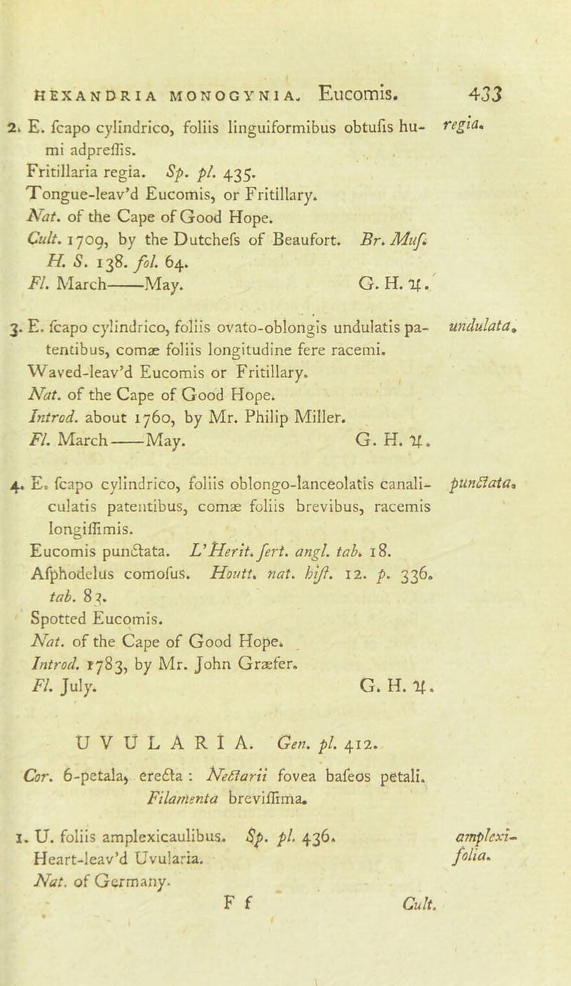E. fcapo cylindrico, foliis lingulformibus obtufis hu- regla» mi adprellis. Fritillaria regia. Sp. pi. 435. Tongue-leav’d Eucomis, or Fritillary. Nat. of the Cape of Good Hope. Cult. 1709, by the Dutchefs of Beaufort. Br.Mufi H. S. 138. fol. 64. FI. March May. G. H. If. 3. E. fcapo cylindrico, foliis ovato-oblongis undulatis pa- undulata, tentibus, comae foliis longitudine fere racemi. Waved-leav’d Eucomis or Fritillary. N'at. of the Cape of Good Hope. Introd. about 1760, by Mr. Philip Miller. FI. March May. G. H. If. 4. E. fcapo cylindrico, foliis oblongo-lanceolatis canali- punSlata, culatis pateutibus, comae foliis brevibus, racemis longillimis. Eucomis pumSlata. VMerit, fert. angl. tab. 18. Afphodelus comofus. Houtt, nat. hijl. 12. p. 336, tab. 8 ^. Spotted Eucomis. Nat. of the Cape of Good Hope. Introd. 1783, by Mr. John Graefer. FI. July. G. H. If. U V U L A R i A. Gen. pi. 412. Cor. 6-petala) eredla : NeBarii fovea bafeos petal!. Filarnenta breviflima. I. U. foliis amplexicaulibus. Sp. pi. 436. amplexi^ Heart-leav’d Uvularia. folia. Nat. of Germany.