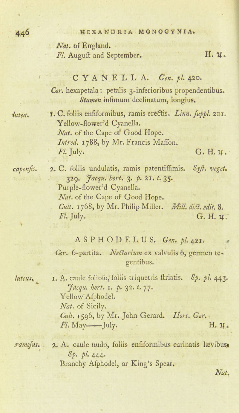 44^ hexandria monogynia» Nat. of England. FI. Auguft and September. H. If. ' C Y A N E L L A. Gen. pU 420. Cor. hexapetala: petalis 3-inferioribus propendentibus. Stamen infimum declinatum, longius. iutea. I* C. foHis enfiformibus, ramis ereffis. Linn, fuppl. 201. Yellow-flower’d Cyanella. Nat. of the Cape of Good Hope. Introd. 17885 by Mr. Francis Maflfon. /'/.July. G. H.lf. capenjls. 2. C. foliis undulatis, ramis patentiflimis. Sj^. vegeU 329. yacqti. hort. 3. 21. r. 35. Purple-flowef’d Cyanella. Nat. of the Cape of Good Hope. Cult. 17685 by Mr. Philip Miller. Mill. diSi. edit. 8. /V. July. G. H. If.' * ASPHODELUS. Gen. pi. 421. * Cor. 6-partIta. NeSlarium ex valvulis 6, germen te- gentibus. luteus,. I. A. caule foliofo, foliis triquetris llriatis. Sp. pi. 443. u. Jacqu. hort. i. p. 32. t. 77. Yellow'Afphodel. Nat. of Sicily. Cult. 1596, by Mr. John Gerard. Hort. Ger. /'/.May July. H. If. ramofust 2. A. caule nudo, foliis enfiformibus carinatis laevibusji Sp. pi. 444. Branchy Afphodel, or King’s Spear.