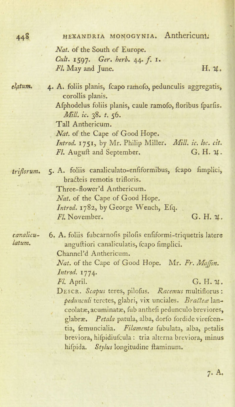 &lt;triJiorum» canaltcu~ latum. Nat. of the South of Europe. Cult. 1597* Ger, herb. 44. f. t.. ' FI. May and June. H, If. 4. A. folils planis, fcapo ramofo, pedunculis aggregatis, corollis planis. Afphodelus foliis planis, caule ramofo, floribus fparfis. Mill. ic. 38. t. 56. Tall Anthericum. Nat. of the Cape of Good Hope, Introd. 1751, by Mr. Philip Miller. Mill. ic. loc. cit. FI. Auguft and September. G. H. if. 5. A. foliis canaliculato-enfiformibus, fcapo fimplici, braileis remotis trifloris. Three-flower’d Anthericum. Nat. of the Cape of Good Hope. Introd. 1782, by George Wench, Efq. . jp/. November. G. H. If. 6. A. foliis fubcarnofis pilofis enfiformi-triquetris latere anguftiori canaliculatis, fcapo fimplici. Channel’d Anthericum. Nat. of the Cape of Good Hope. Mr. Fr. Majfon. Introd. 1774. /'/.April. G. H. If. Descr. Scapus teres, pilofus. Racemus multiflorus : pedunculi teretes, glabri, vix unciales. Bra£iecs\2.\\- ^ ceolatae,acuminatae, fub anthefi pedunculo breviores, glabrae. Petala patula, alba, dorfo fordide virefcen- tia, femuncialia. Fila7nenta fubulata, alba, petalis breviora, hifpidiufcula : tria alterna breviora, minus hifpida. Stylus longitudine ftaminum.