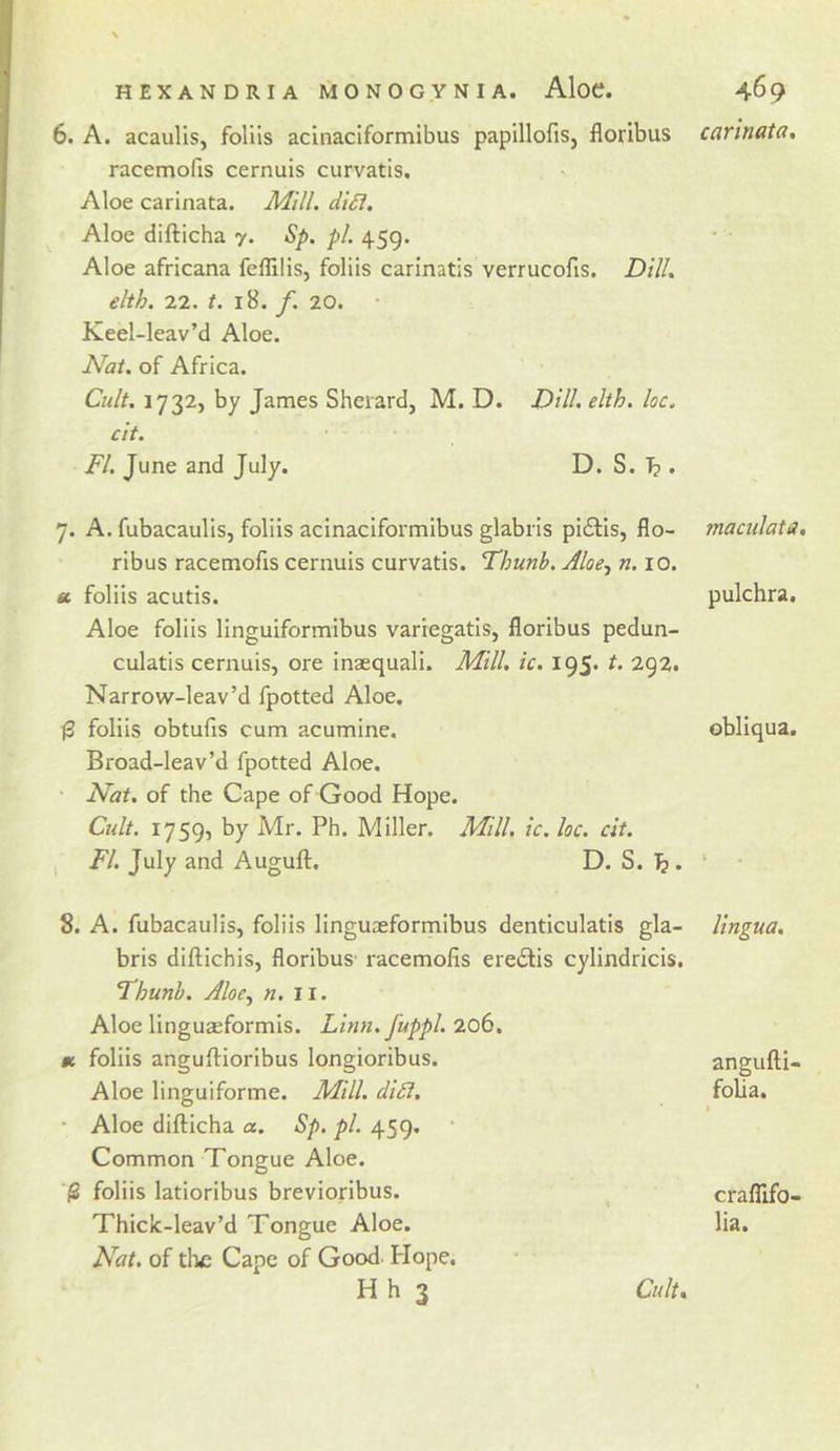6. A. acaulis, folils acinaciformibus papillofiSj floribus racemofis cernuis curvatis. Aloe carinata. Mill. di£t. Aloe difticha 7. Sp. pi. 459. Aloe africana fellxUs, foliis carinatis verrucofis. Dill. elth. 22. t. 18. f. 20. Keel-leav’d Aloe. Nat. of Africa. Cult. 1732, by James Sheiard, M. D. Dill. elth. loc. cit. FI. June and July. D. S. . 7. A. fubacaulls, folils acinaciformibus glabris pi6lis, flo- ribus racemofis cernuis curvatis. Thunb. Aloe^ n. 10. ft. foliis acutis. Aloe foliis linguiformibus variegatis, floribus pedun- culatis cernuis, ore inaequali. Mill. ic. 195. t. 292. Narrow-leav’d fpotted Aloe. (3 foliis obtufis cum acumine. Broad-leav’d fpotted Aloe. • Nat. of the Cape of Good Hope. Cult. 1759, by Mr. Ph. Miller. Mill. ic. loc. cit. , FI. July and Auguft. D. S. . 8. A. fubacaulis, foliis linguaeformibus denticulatis gla- bris diftichis, floribus racemofis ere£lis cylindricis, Fhunb. Aloe., «. li. Aloe linguasformis. Linn, fuppl. 206. foliis anguftioribus longioribus. Aloe linguiforme. Mill. diSl, • Aloe difticha a. Sp. pi. 459. • Common Tongue Aloe. ^ foliis latioribus brevioribus. ' » Thiclc-leav’d Tongue Aloe. Nat. of the Cape of Good Plope. H h 3 Cult, carinata. maculata, pulchra, obliqua. lingua. angufti- folia. I crafllfo- lia.