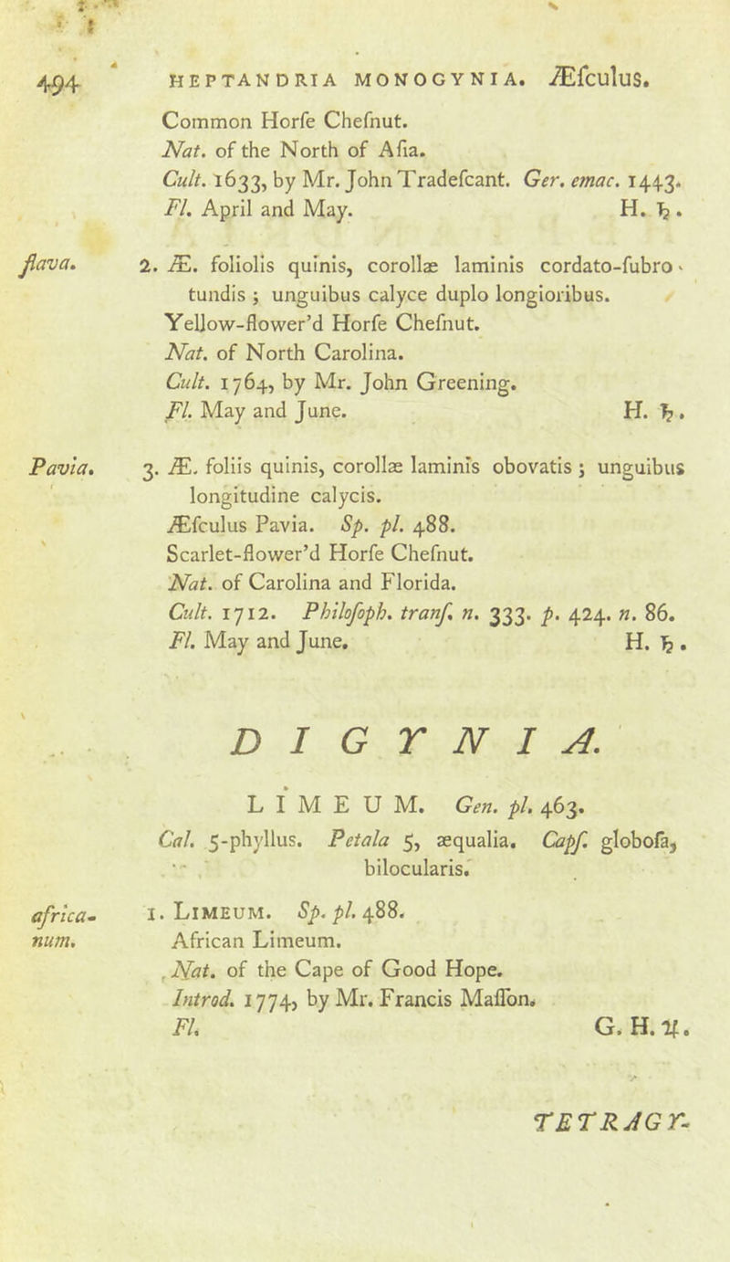 494 Jlava. Pavla, africa- num. S HEPTANDRIA MONOGYNIA. ^fculuS. Common Horfe Chefnut. Nat. of the North of Afia. Cult. 1633, by Mr. John Tradefcant. Ger. emac. 144.3. FI, April and May. H. ^ . 2. IE. foliolls quinis, corollae laminis cordato-fubro * tundis j unguibus calyce duplo longioribus. Yeljow-flower’d Horfe Chefnut. Nat. of North Carolina. Cult. 1764, by Mr. John Greening. FI. May and June. H. ^ . 3. IE. foliis quinis, corollae laminis obovatis j unguibus longitudine calycis. iEfculus Pavia. Sp. pi. 488. Scarlet-flower’d Horfe Chefnut. Nat. of Carolina and Florida. Cult. 1712. Phllofoph. tranf, n. 333. p. 424. n. 86. FI. May and June, H. 1^ . D I G r N I A. L I M E U M. Gen. pi, 463. Cal. 5-phyllus. Petala 5, aequalia. Capf. globofa, bilocularis.' I. Limeum. Sp. pi. African Limeum. , N^t. of the Cape of Good Hope. Introd, 1774) by Mr. Francis Maflbn. FI. G. H.lf. TETRJGT^