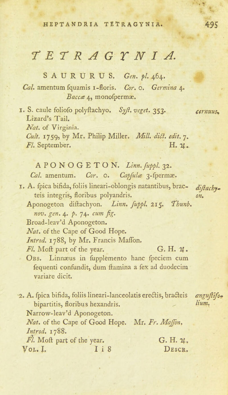 HEPTANDRIA TETRAGYNIA. t: E r R A G Y N I A. SAURURUS. Gen. fl. 464. Cal. amentum fquamis i-floris. Cor. 0. Germina 4. Baccce monofpermae. I. S. caule follofo polyftachyo. Syji. veget. 353. Lizard’s Tail. l^at. of Virginia. Cult. 1759, by Mr. Philip Miller. Mill. diSl. edit. 7. Fl. September. H. if. APONOGETON. Linn.fuppl 32. Cal. amentum. Cor. O. Capfula 3-fperm3e. 1. A. fpica bifida, foliis lineari-oblongis natantibus, brac- teis integris, floribus polyandris. Aponogcton diftachyon. Linn, fuppl. 215. ‘Thunb, nov. gen. 4. p. 74. cum fig. Broad-leav’d Aponogeton. Nat. of the Cape of Good Hope. Introd. 1788, by Mr. Francis Maflbn. Fl. Moll: part of the year. G. H. If. ' Obs. Linnaeus in fupplemento hanc fpeciem cum fequenti confundit, dum ftamina a fex ad duodecim variare dicit. 2. A. fpica bifida, foliis lineari-lanceolatis eredfis, bradleis bipartitis, floribus hexandris. Narrow-leav’d Aponogeton. Nat. of the Cape of Good Hope. Mr. Fr. MaJJon. Introd. 1788. I^. Moft part of the year. G. H. If, VoL. I. I i 8 Descr. ■ , 495 cernuus^ dijiachy* on. angufiifot. Hum.