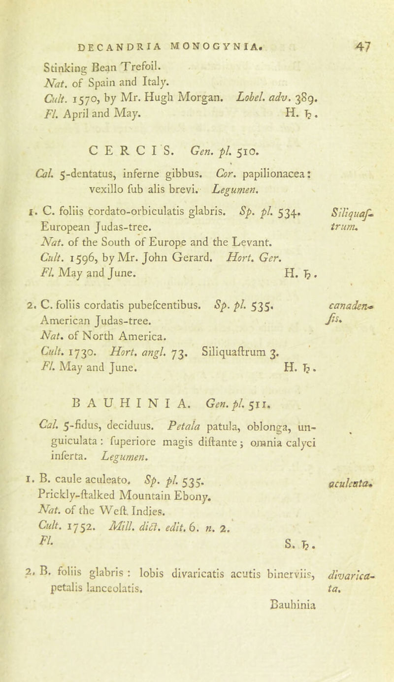 Stinking Bean Trefoil. Nat. of Spain and Italy. Cult. 1570, by Mr. Hugh Morgan. Lobel. adv. 389. FI. April and May. H. ^ . C E R C I S. Gen. pL 510. Cal. 5-dentatus, inferne gibbus. Cor. papilionacea: vexillo fub alls brevi. Legumen. 1. C. foliis cordato-orbiculatis glabris. Sp. pi. 534. European Judas-tree. Nat. of the South of Europe and the Levant. Cult. 1596, by Mr. John Gerard. Hort. Ger. FI. May and June. H. . 2. C. foliis cordatis pubefcentibus. Sp. pi. 535. American Judas-tree. Nat. of North America. Cult. 1730. Hort. angl. 73. Siliquaftrum 3. FI. Alay and June. H. h. B A U H I N I A. Gen.pl. sii. Cal. 5-fidus, deciduus. Petala patula, oblonga, un- guiculata; fuperiore magis diftante; ojnnia calyci infer ta. Legumen. 1. B. caule aculeato. Sp. pi. 535. Prickly-ftalked Mountain Ebony, Nat. of the Weft. Indies. Cult. 1752. Mill. didl. edlt.b. n. 2. s. 2. B. foliis glabris : lobis divaricatis acutis binerviis, petalis lanceolatis. SlliquaJ^ trum. canaden- Jis. oculeata* divarUa- ta. Bauhinia