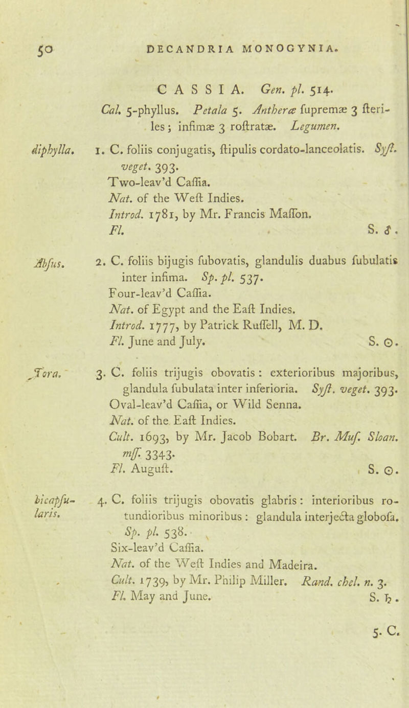 diphylla. CASSIA. Gen. pi. 514. Cal. 5-phyllus. Petala 5. Jnthera fupremae 3 fteri- les ; infimae 3 roftratae. Legumen. I. C. foliis conjugatis, ftipulis cordato-lanceolatis. Syjl. 393- Two-leav’d Caflia. Nat. of the Weft Indies. Introd. 1781, by Mr. Francis Maftbn. FI. . S. Ahjus. 2. C. foliis bijugis fubovatis, glandulis duabus fubulatis inter infima. Sp. pl. 537. Four-leav’d Caffia. Nat. of Egypt and the Eaft Indies. Introd. 1777, by Patrick Ruffell, M. D. FI. June and July. S. 0. JTora,' 3. C. foliis trijugis obovatis : exterioribus majoribus, glandula fubulata inter inferioria. Syjl. veget. 393. Oval-leav’d Cafiia, or Wild Senna. Nat. of the Eaft Indies. Cult. 1693, by Mr. Jacob Bobart. Br. Muf. Sloan. 3343- FI. Auguft. , S. 0. hicapfu- laris. 4. C. foliis trijugis obovatis glabris : interioribus ro- tundioribus minoribus ; glandula interiedlafflobofa. Sp. pl. 538. , Six-leav’d Caffia. Nat. of the Weft Indies and Madeira. Cult. 1739, by Mr. Philip Miller. Rand. chel. n. 3. FI. May and June. S. b • « 5. C.