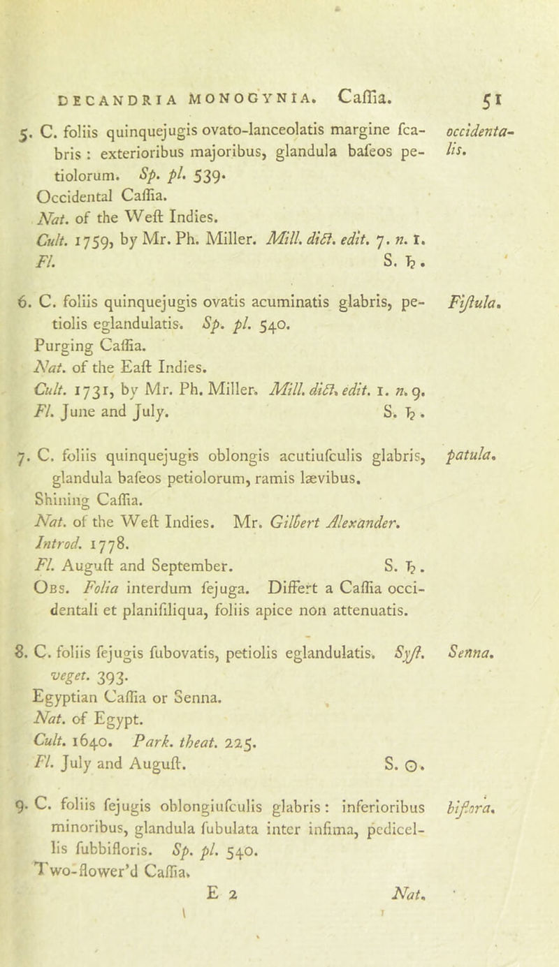 5. C. foliis quinquejugis ovato-lanceolatis margine fca- occldenta- bris : exterioribus majoribus, glandula bafeos pe- tiolorum. Sp. pi. 539. Occidental Callia. Nat. of the Weft Indies. Cult. 1759} by Mr. Ph. Miller. Mill. diSi. edit. 7. n. I. FI. S. 12. 6. C. foliis quinquejugis ovatis acuminatis glabris, pe- tiolis eglandulatis. Sp. pi. 540. Purging Callia. Nat. of the Eaft Indies. Cult. 1731, by Mr. Ph. Millen Mill. didi. edit. i. 9. FI. June and July. S. 1? . Fijiula, 7. C. foliis quinquejugis oblongis acutiufculis glabris, patula, glandula bafeos petiolorum, ramis laevibus. Shining Caflia. Nat. ol the Weft Indies. Mr. Gilbert Alexander. Introd. 1778. FI. Auguft and September. S. T?. Obs. Folia interdum fejuga. DilFert a Callia occi- dental! et planifiliqua, foliis apice non attenuatis. 8. C. foliis fejugis fubovatis, petiolis eglandulatis. Senna. 393- Egyptian Callia or Senna. Nat. of Egypt. Cult. 1640. Park, theat. 225. FI. July and Auguft. S. Q. 9. C. foliis fejugis oblongiufculis glabris: inferioribus bifiora. minoribus, glandula fubulata inter inftma, pcdicel- lis fubbifloris. Sp. pi. 540. I'wo-flower’d Caflia* E 2 Nat. \ 7