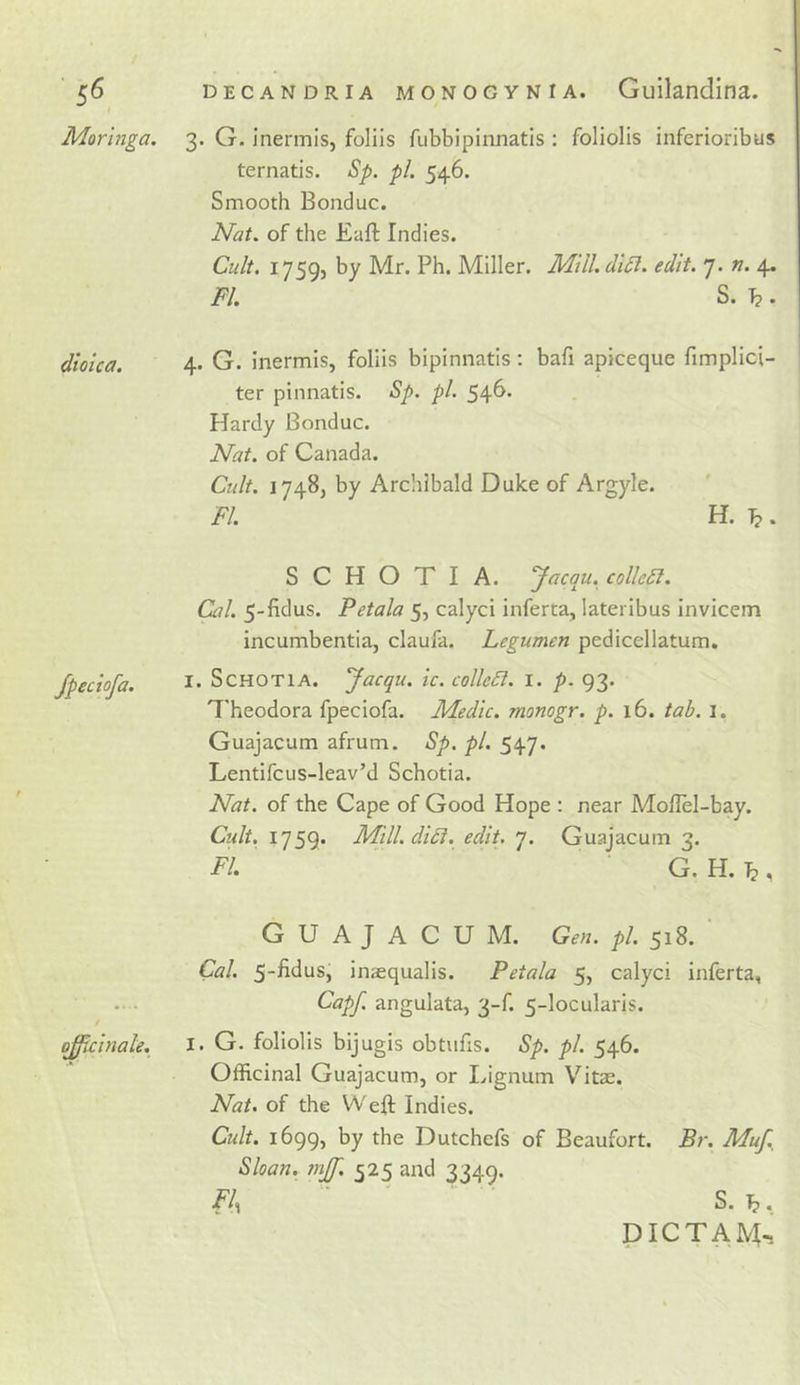 Moringa, 3. G. inermis, foliis fubbipinnatis : foliolis inferioribus ternatis. Sp. pi. 546. Smooth Bonduc. Nat. of the Eaft Indies. Cult. 1759, by Mr. Ph. Miller. Mill. did. edit. 7. n. 4. FI. S. h. dioica. 4. G. inermis, foliis bipinnatis; baft apiceque fimplici- ter pinnatis. Sp. pi. 54^' Hardy Bonduc. Nat. of Canada. Cult. 1748, by Archibald Duke of Argyle. FI. H. 7p. fpeciofa. S C H 0 T I A. yacqu. colled. Cal. 5-fidus. Petala 5, calyci inferta, lateiibus invicem incumbentia, claufa. Legumen pedicellatum. I. ScHOTlA. yacqu. ic. colled. l. p. 93. 7'heodora fpeciofa. Medic, monogr. p. 16. tab. 1. Guajacum afrum. Sp. pi. 547. Lentifcus-leav’d Schotia. Nat. of the Cape of Good Hope : near Mollel-bay. Cult. 1759. Mill. did. edit. 7. Guajacum 3. FI G. H. o^dnale. guajacum. Gen. pi. 518. ' Cal. inaequalis. Petala 5, calyci inferta, Capf. angulata, 3-f. 5-locularis. I. G. foliolis bijugis obtufis. Sp. pi. 546. Officinal Guajacum, or Lignum V^itas. Nat. of the Weft Indies. Cult. 1699, by the Dutchefs of Beaufort. Br. Muf., Sloan, mjy. 525 and 3349. Fk S. PICTAM^.