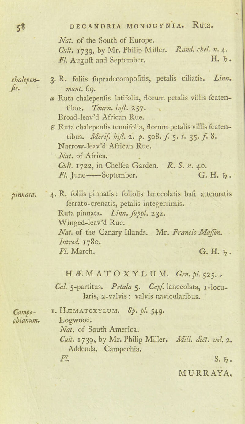 £8 DECANDRIA MONOGYN'ia. Ruta. Nat. of the South of Europe. Cult. 1739, by Mr. Philip Miller. Rand. chel. n. 4. FI. Auguft and September. H. . chakpen- 3. R. foliis fupradecompofitis, petalis ciliatis. Linn, fit. mant. 6g. a Ruta chalepenfis latifolia, florum petalis villis fcaten- tibus. Tourn. inji. 257. Broad-leav’d African Rue. ^ Ruta clialepenfis tenuifolia, florum petalis villis fcaten- tibus. Morif. hijl. 2. p. 50S.fi 5. t. 35. fi. 8. Narrow-leav’d African Rue. Nat. of Africa. Cult. 1722, in Chelfea Garden. R. S. n. 40. FI. June September. G. H. ^ . pinnata. ' 4. R. foliis pinnatis : foliolis lanceolatis bafi attenuatis ferrato-crenatis, petalis integerrimis. Ruta pinnata. Linn, fiuppl. 22p.. Winged-leav’d Rue. Nat. of the Canary Iflands. Mr. Francis Mafifon. ■ Introd. 1780. FI. March. G. H. . H^MATOXYLUM. Gen. pi. 525. , Cal. 5-partitus. Petala 5. Capfi. lanceolata, i-locu- laris, 2-valvis: valvis navicularibus. Cainpe- i. Hjematoxylum. Sp. pi. (hianum. Logwood. Nat. of South America. Cult. 1739, by Mr. Philip Miller. Mill. di£i. vol. 2. Addenda. Campechia. FI, S. 1^. MURRAYA,