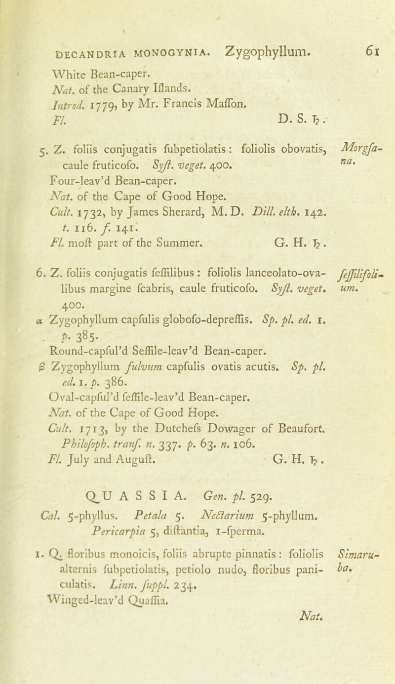 White Bean-caper. Nat. of the Canary Iflands. Introd. 1779) by Mr. Francis MafTon. FI. D. S.T}. 5. Z. folils conjugatls fubpetiolatis: foliolis obovatis, Morgfa- caule fruticofo. Syji. Oeget. 400. Four-leav’d Bean-caper. Nat. of the Cape of Good Hope. Cult. 1732, by James Sherard, M. D. Dill. elth. 142. Aii6./. 141. FI. moft part of the Summer. G. H. 1? . 6. Z. foliis conjugatis feflilibus : foliolis lanceolato-ova- feJftlifoU- libus margine fcabris, caule fruticofo. SyJi. veget. um. 400. « Zygophyllum capfulis globofo-depreflis. Sp. pi. ed. i. . t- 385- Round-capful’d SelTile-leav’d Bean-caper. 0 Zygophyllum fuhiim capfulis ovatis acutis. Sp, pi. ed. I. p. 386. Oval-capful’d feflile-leav’d Bean-caper. Nat. of the Cape of Good Hope. Cult. 1713) by the Dutchefs Dowager of Beaufort. Philofoph. tranf. n. 337. p. 63. n. 106. FI. July and Auguft. G. H. . Q_U A S S 1 A. Gen. pi. 529. Cal. 5-phyllus. Petala 5. NeSlarium 5-phyllum. Pericarpia 5, diftantia, i-fperma. I. floribus monoids, foliis abrupte pinnatis : foliolis alternis fubpetiolatis, petiolo nudo, floribus pani- culatis. Linn. Juppl. 234. Winged-leav’d Quaflia. Simaru- ha. Nat.