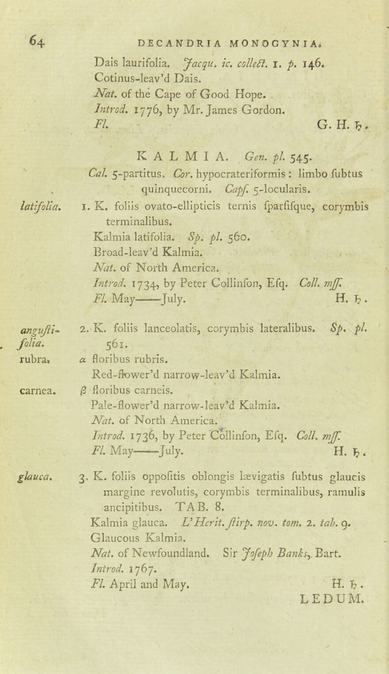 latifolla. angufti- folia. rubra. carnea. glauca. Dais laurifolia. Jacqu, ic. colle£i. I. p. 146. Cotinus-leav’d Dais. JSPat. of the Cape of Good Hope. Introd. 1776, by Mr. James Gordon. FI. G. H. . I K A L M I A. Gen. pi 545. Cal. 5-partitus. Cor. hypocrateriformis : limbo fubtus quinquecorni. Capf. 5-locularis. 1. K. folds ovato-ellipticis ternis fparfifque, corymbis terminalibus. Kalmia latifolia. Sp. pi. 560. Broad-leav’d Kalmia. / Nat. of North America* Introd. 1734, by Peter Collinfon, Efq. Coll, mjf, FI. May July. H. ^ . 2. K. foliis lanceolatisj corymbis lateralibus. Sp. pi. 561. « floribus rubris. Red-fk)wer’d narrow-leav’d Kalmia. /3 floribus carneis. Pa!e-flower’d narrow-leav’d Kalmia. Nat. of North America. Introd. 1736, by Peter Collinfon, Efq. Coll. mfl. FL May -July. H. ^ * 3. K. foliis oppofitis oblongis laevigatis fubtus glaucis margine revolutis, corymbis terminalibus, ramulis ancipitibus. TAB. 8. Kalmia glauca. VHcrit. Jiirp. nov. tom. 2. tab. 9. Glaucous Kalmia. Nat. of Newfoundland, Sir Jofeph Bart. Introd. 1767. FL April and May. H. t. LEDUM.