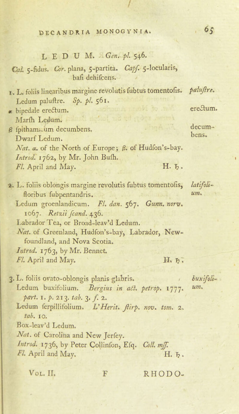 / DECANDRIA MONOGYNIA* ^5 L E D U M. .1 Gen.- pi. 546. Cal. 5-ficlus. Cor. plana, 5-partita. Capf. 5-locuIarIs, baA dehifcens. I. L. foliis linearibus marglne revolutls fubtus tomentofis. Ledum paluflre. Sp. pi. 561. « bipedale ereftum. Marfti Ledum. ^ fpithami-um decumbens. Dwarf Ledum. Nat. a. of the North of Europe; of Hudfon’s-bay. Introd. 1^62, by Mr. John Bufli. ' FI. April and May. H. . palujlre. ere^Slum. decum- bens. a. L. foliis oblongis margine revolutls fubtus tomentofis, latifoli-- florlbus fubpentandris. Ledum groenlandicum. FI. dan. 567. Gunn. norv. 1067. Retzii fcand. 436. Labrador Tea, or Broad-leav’d Ledum. Nat. of Greenland, Hudfon’s-bay, Labrador, New- foundland, and Nova Scotia. Introd. 1763, by Mr. Bennet. FI. April and May. - H. ^7 3. L. foliis ovato-oblongis planis glabris. / huxifolk^ Ledum buxifolium. Bergius in a£f. petrop. 1777. part. I. p. 213. tab. 3. f. 2. Ledum ferpillifolium. UHerit. Jlirp. nov. tom. 2. tab. 10. Box-leav’d Ledum. Nat. of Carolina and New Jerfey. Introd. 1736, by Peter Collinfon, Efq. Coll. mjf. FI. April and May. ’ H. T?. VoL. II, F RHODO- I