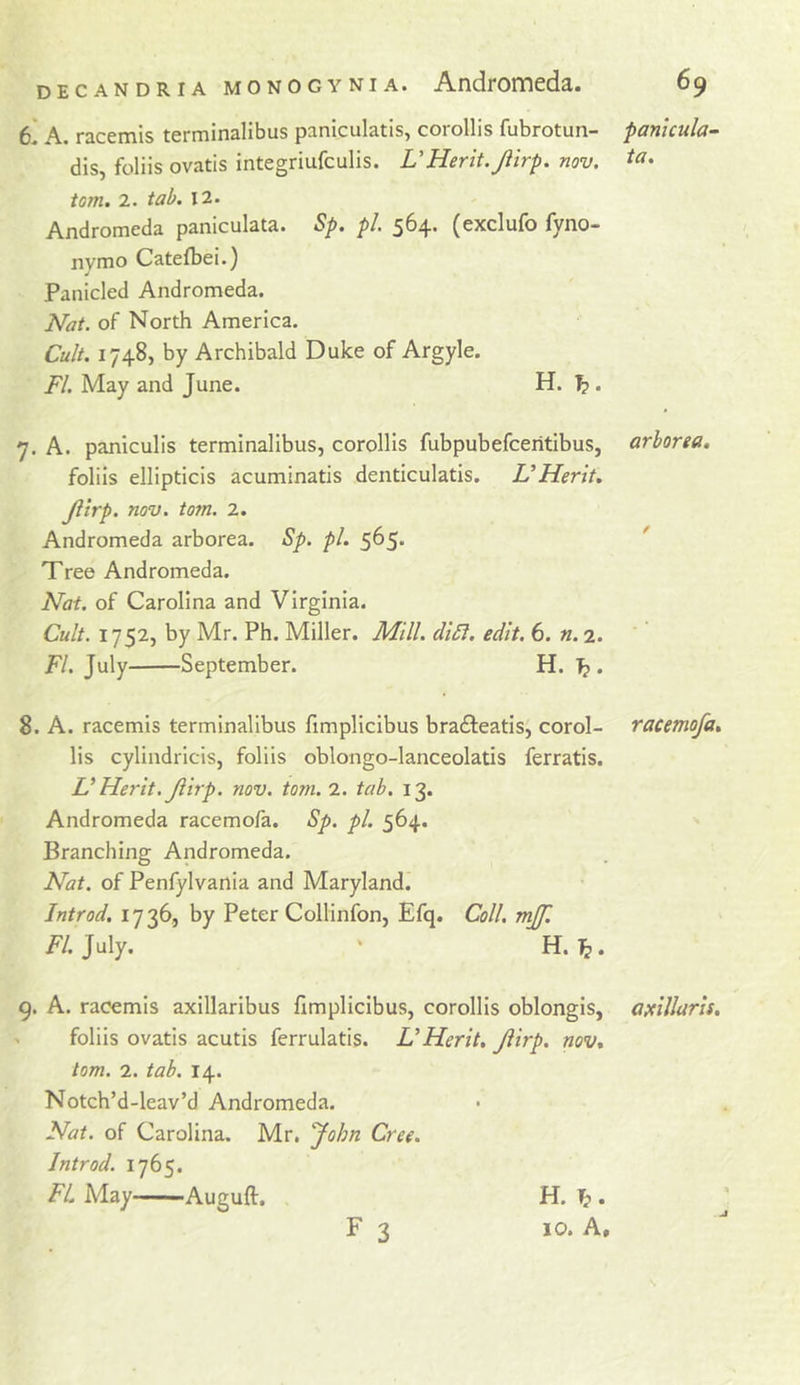 A. racemis terminalibus paniculatis, corollis fubrotun- panicula~ dis, foliis ovatis integriufculis. L'Herit. Jiirp. nov. tom. 2. tab. 12. Andromeda paniculata. Sp. pi. 564. (exclufo fyno- nvmo Catefbei.) Panicled Andromeda. Nat. of North America. Cult. 1748, by Archibald Duke of Argyle. May and June. H. . 7. A. panlculis terminalibus, corollis fubpubefceritibus, arborea. foliis ellipticis acuminatis denticulatis. UHerxt. Jiirp. nov. tom. 2. Andromeda arborea. Sp. pi. 565. ' Tree Andromeda. Nat. of Carolina and Virginia. Cult. 1752, by Mr. Ph. Miller. Mill. diSi. edit. 6. «. 2. ' FI. July September. H. ^. 8. A. racemis terminalibus fimplicibus brafteatls, corol- racemofa. lis cylindricis, foliis oblongo-lanceolatis ferratis. U Merit. Jiirp. nov. tom. 2. tab. 13. Andromeda racemofa. Sp. pi. 564. Branching Andromeda. Nat. of Penfylvania and Maryland. Introd. 1736, by Peter Collinfon, Efq. Coll. mjf. FI. July. H. 9. A. racemis axillaribus fimplicibus, corollis oblongis, axillaris. foliis ovatis acutis ferrulatis. L’Herit. Jiirp. nov. tom. 2. tab. 14. Notch’d-leav’d Andromeda. Nat. of Carolina. Mr, John Cree. Introd. 1765. FL May Auguft. H. J}. \o. A,